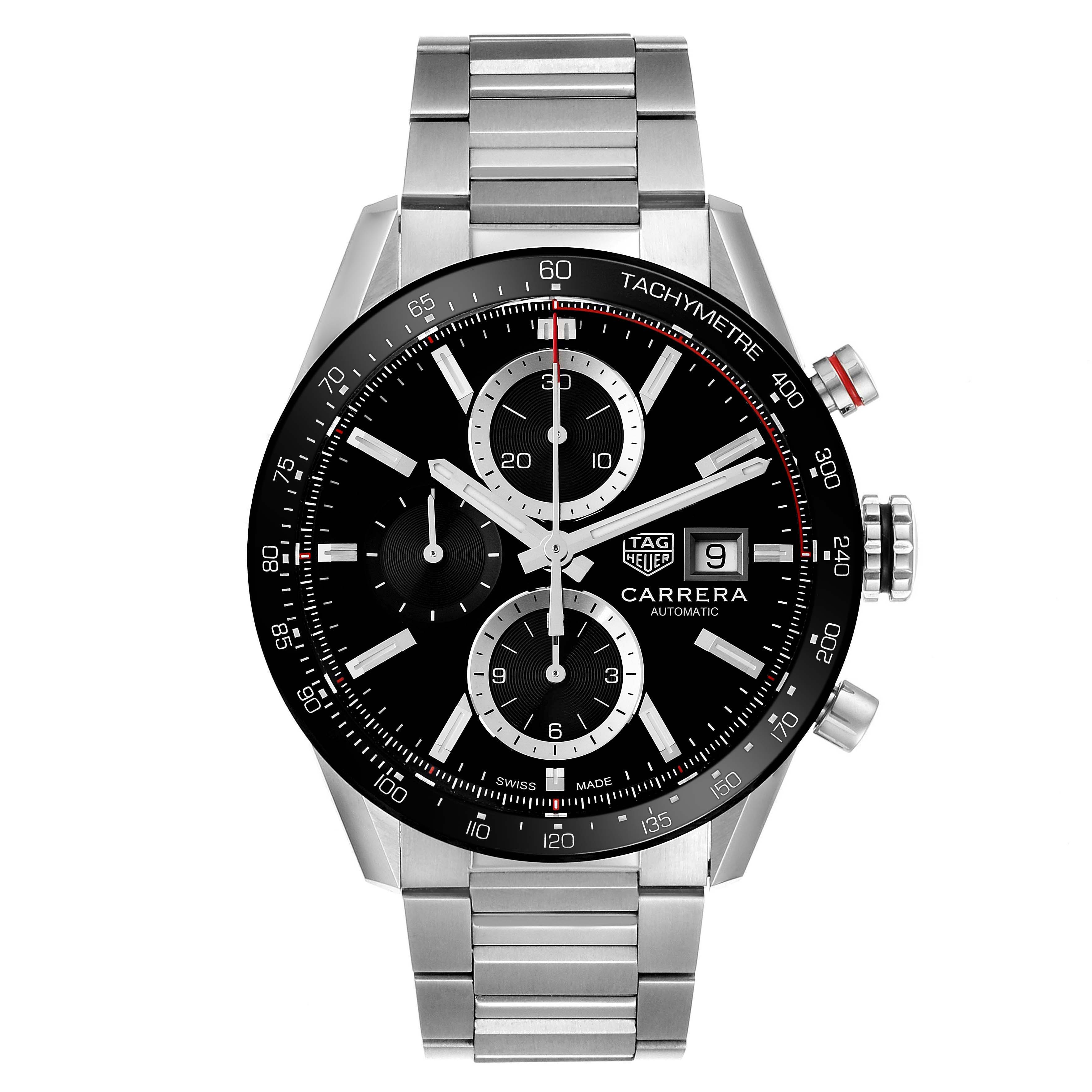 The image shows a front angle view of the Tag Heuer Carrera CBM2110 Men's Stainless Steel Black Dial CBM2110 Men's Stainless Steel Black Dial watch, highlighting its black dial, chronograph sub-dials, and stainless steel bracelet.