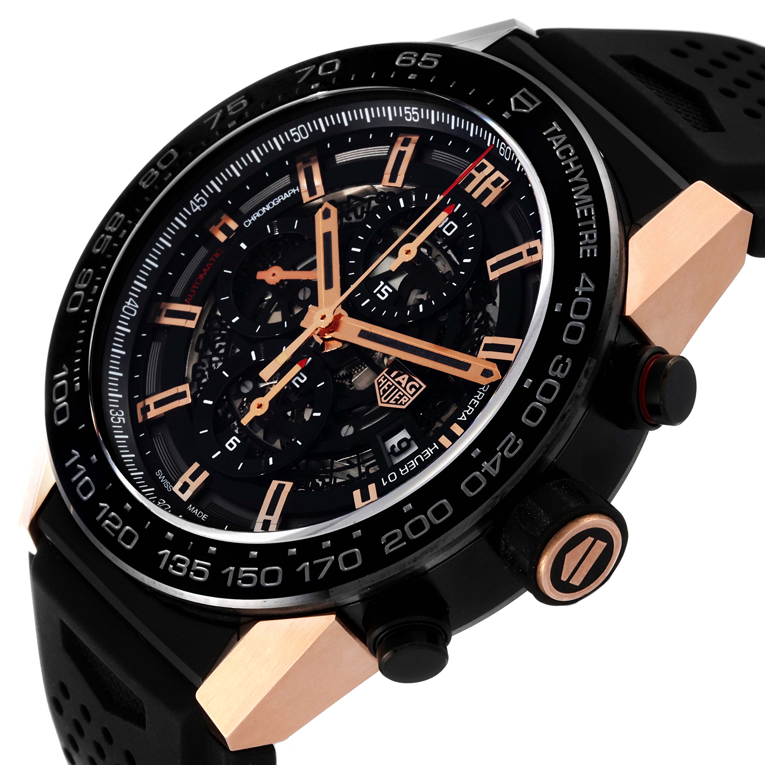 The image shows the front and side views of a Tag Heuer Carrera CAR2A5A.FT6044 Men's Titanium Black Dial CAR2A5A.FT6044 Men's Titanium Black Dial watch, highlighting its tachymeter bezel and chronograph dials.