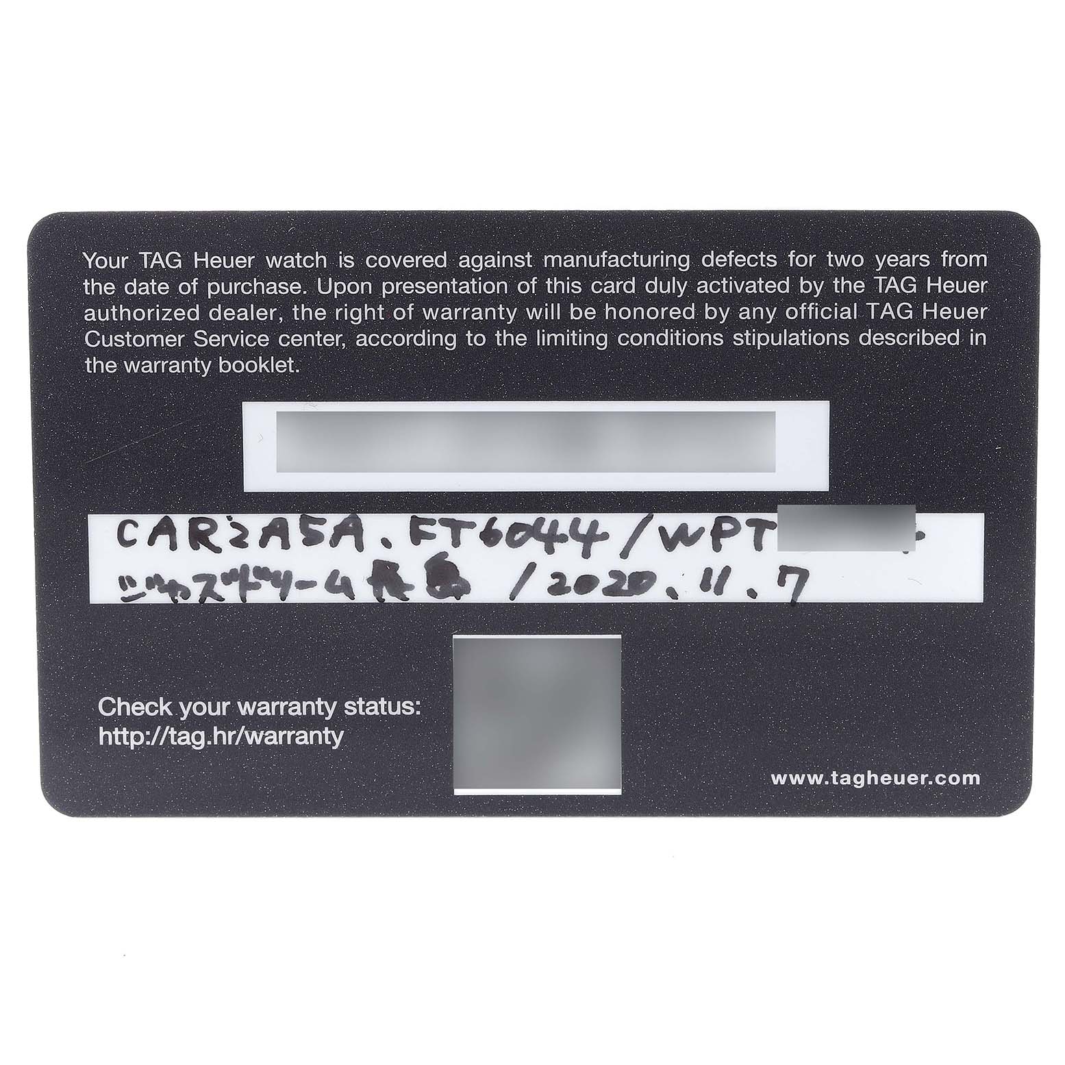This image shows the warranty card for the Tag Heuer Carrera CAR2A5A.FT6044 Men's Titanium Black Dial CAR2A5A.FT6044 Men's Titanium Black Dial watch model.