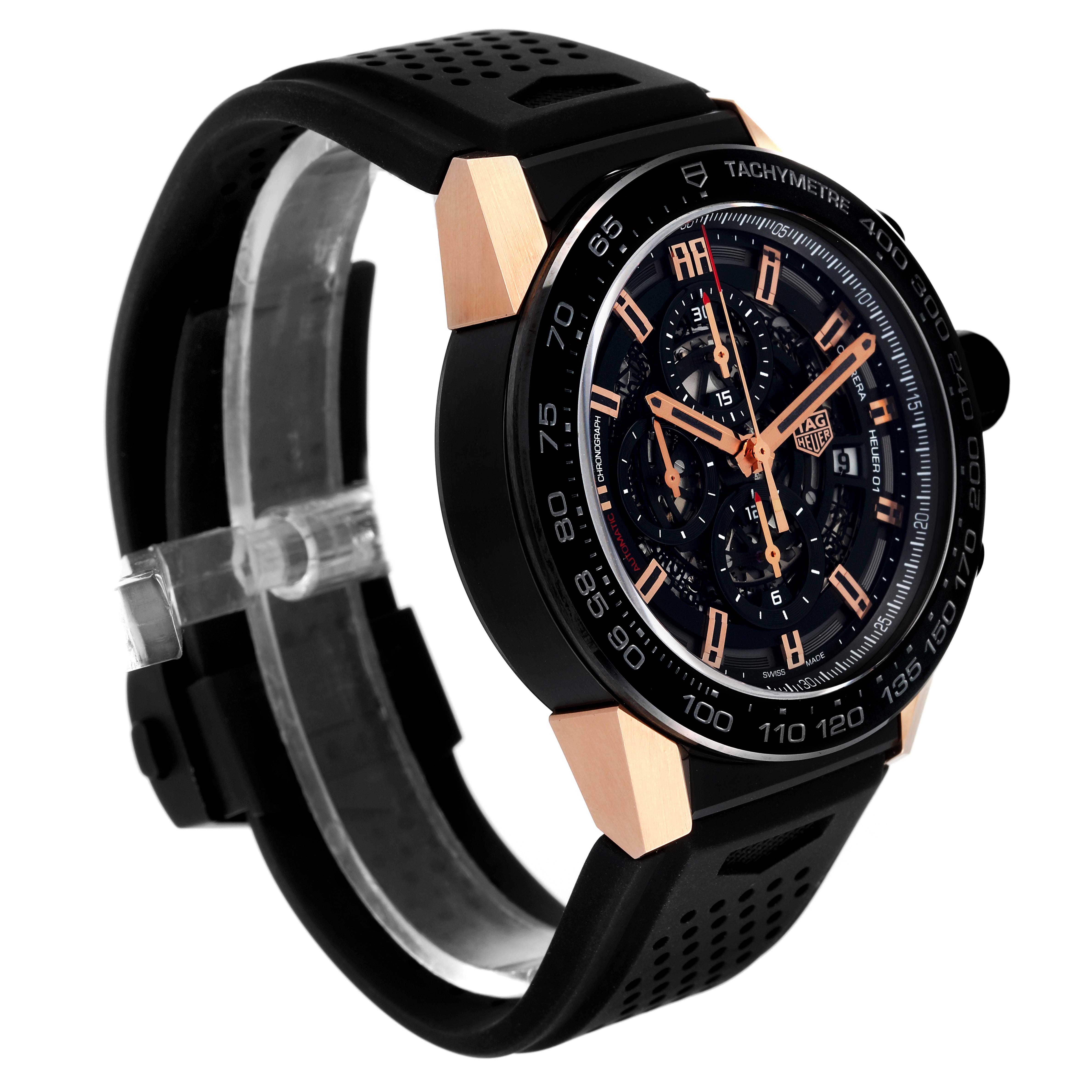 The image shows a Tag Heuer Carrera CAR2A5A.FT6044 Men's Titanium Black Dial CAR2A5A.FT6044 Men's Titanium Black Dial watch, angled to display the face, bezel, part of the band, and chronograph features.