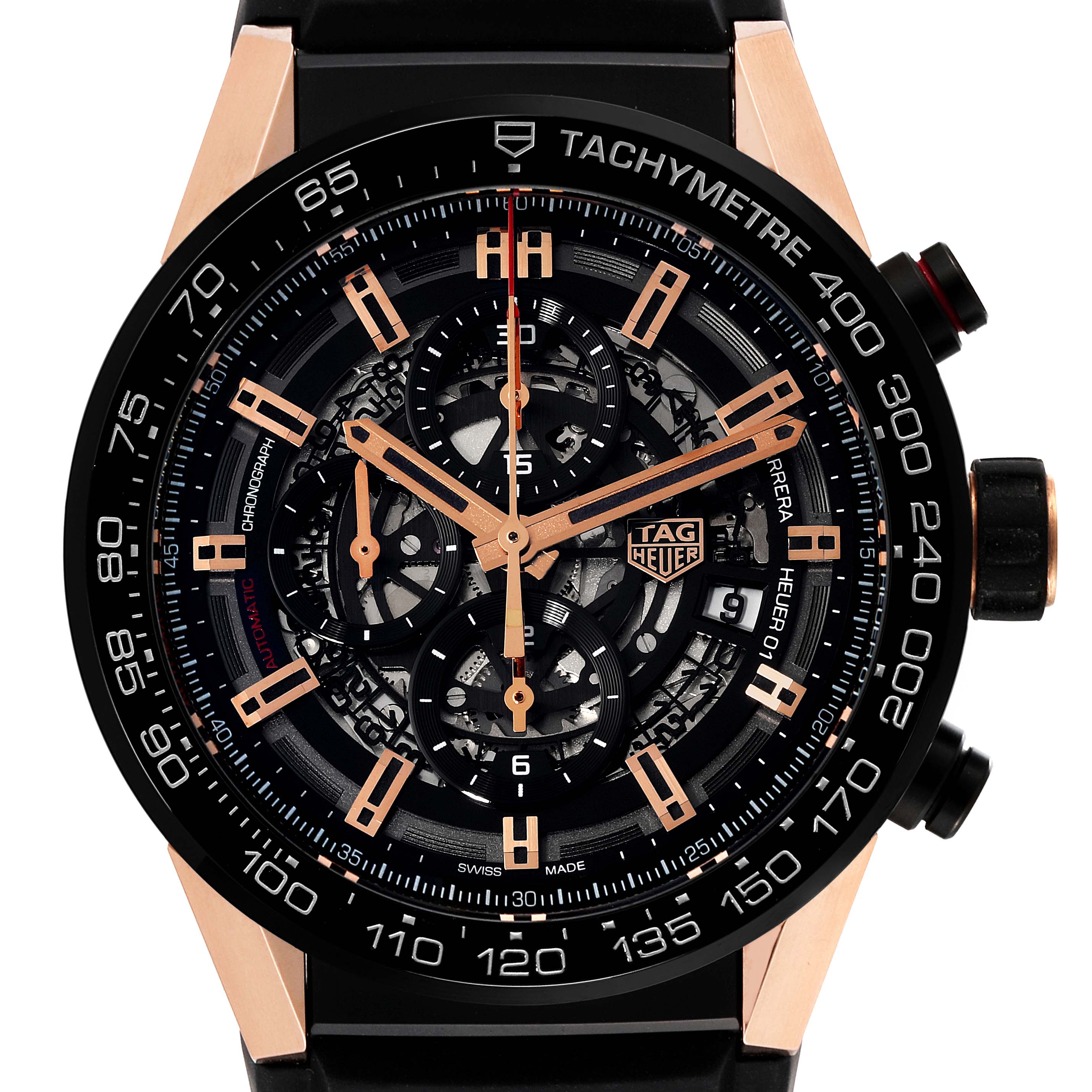 Front view of the Tag Heuer Carrera CAR2A5A.FT6044 Men's Titanium Black Dial CAR2A5A.FT6044 Men's Titanium Black Dial watch displaying its face, dial, hands, tachymeter, and chronograph sub-dials.