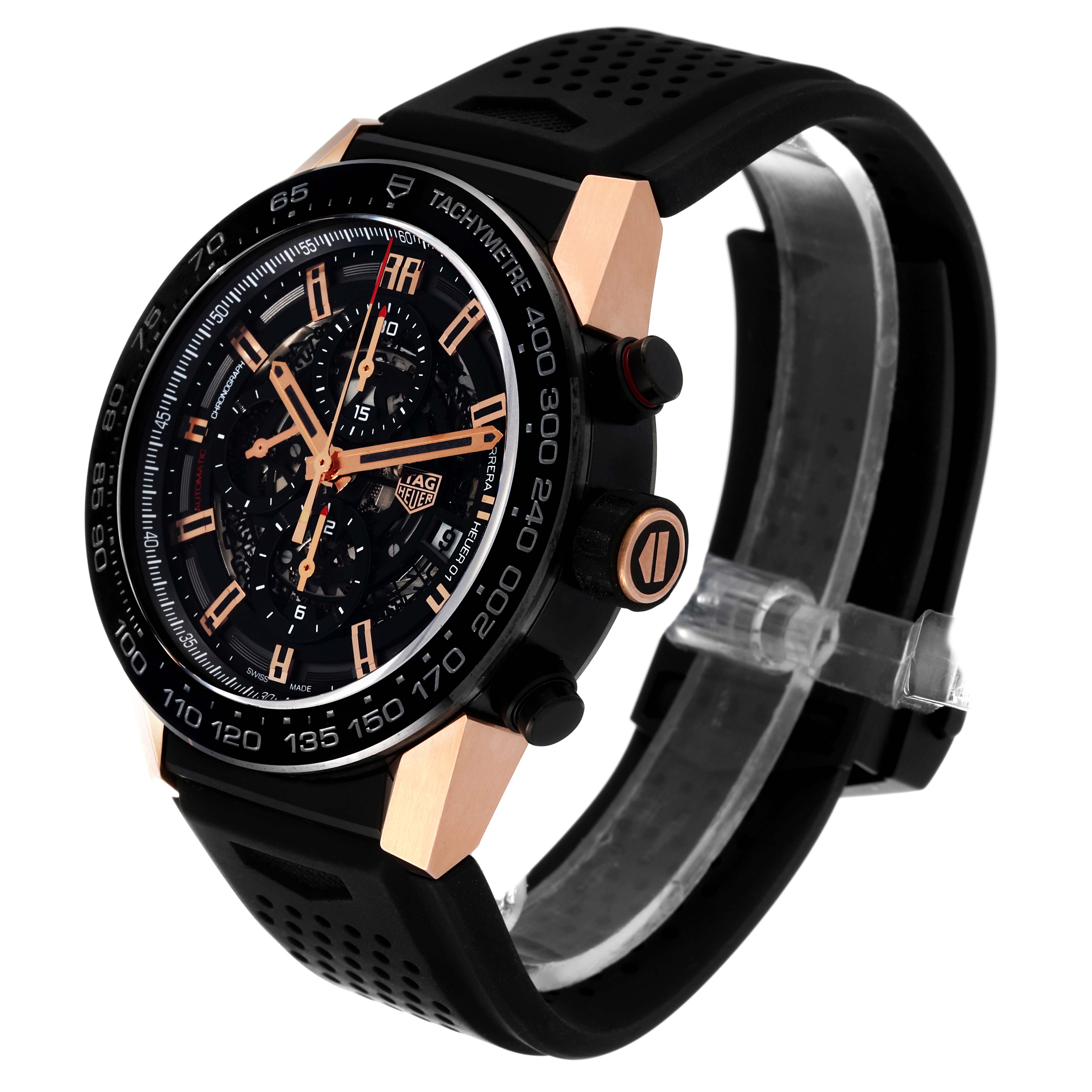 The image shows a Tag Heuer Carrera CAR2A5A.FT6044 Men's Titanium Black Dial CAR2A5A.FT6044 Men's Titanium Black Dial watch at a three-quarter angle, highlighting the black dial, tachymeter bezel, and crown.