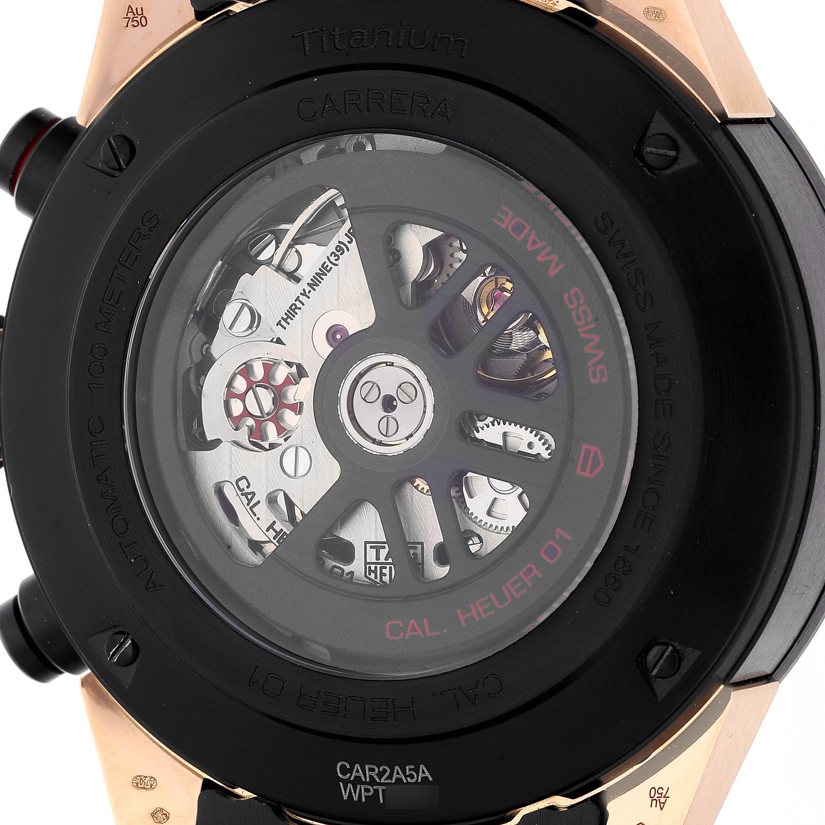 This is the back view of a Tag Heuer Carrera CAR2A5A.FT6044 Men's Titanium Black Dial CAR2A5A.FT6044 Men's Titanium Black Dial watch, showcasing the automatic movement and watch model engravings.