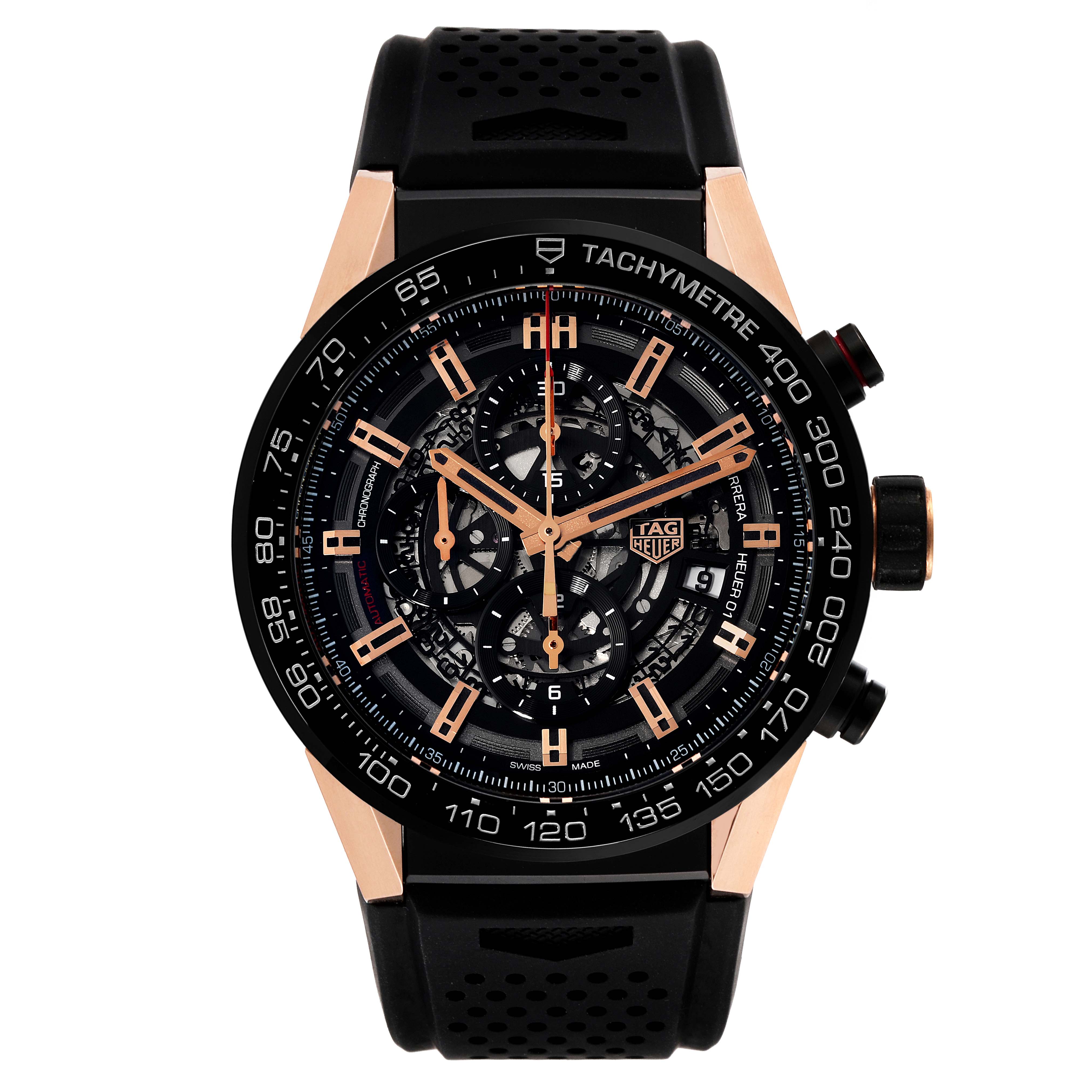 The Tag Heuer Carrera CAR2A5A.FT6044 Men's Titanium Black Dial CAR2A5A.FT6044 Men's Titanium Black Dial watch is shown from a front angle, displaying its dial, bezel, and strap.