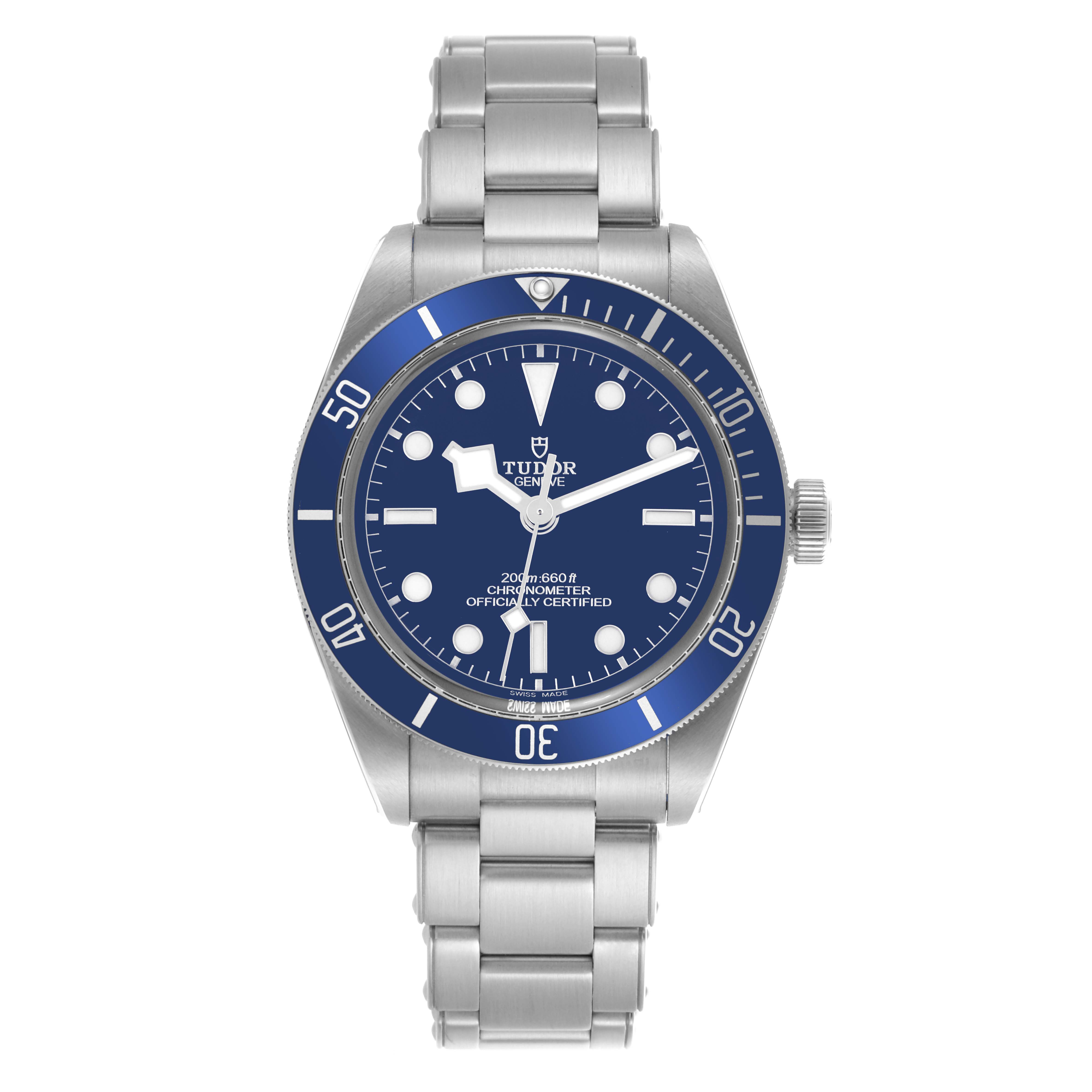 The Tudor Heritage Black Bay M79030B-0001 Men's Stainless Steel Blue Dial M79030B-0001 Men's Stainless Steel Blue Dial watch is shown from a front angle, displaying the dial, bezel, and bracelet.