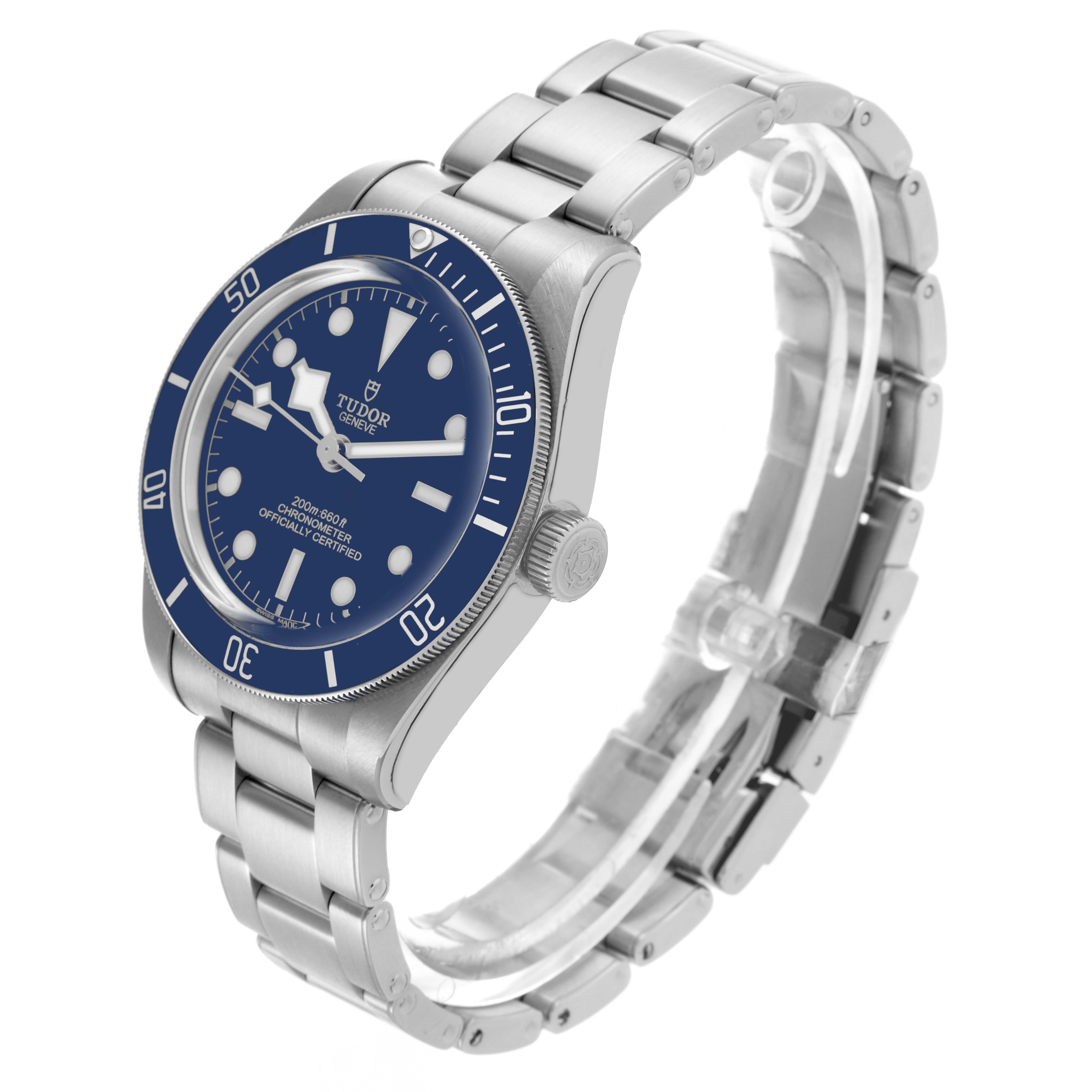 The Tudor Heritage Black Bay M79030B-0001 Men's Stainless Steel Blue Dial M79030B-0001 Men's Stainless Steel Blue Dial watch is shown at a slight angle, displaying the face, crown, bezel, and metal bracelet.
