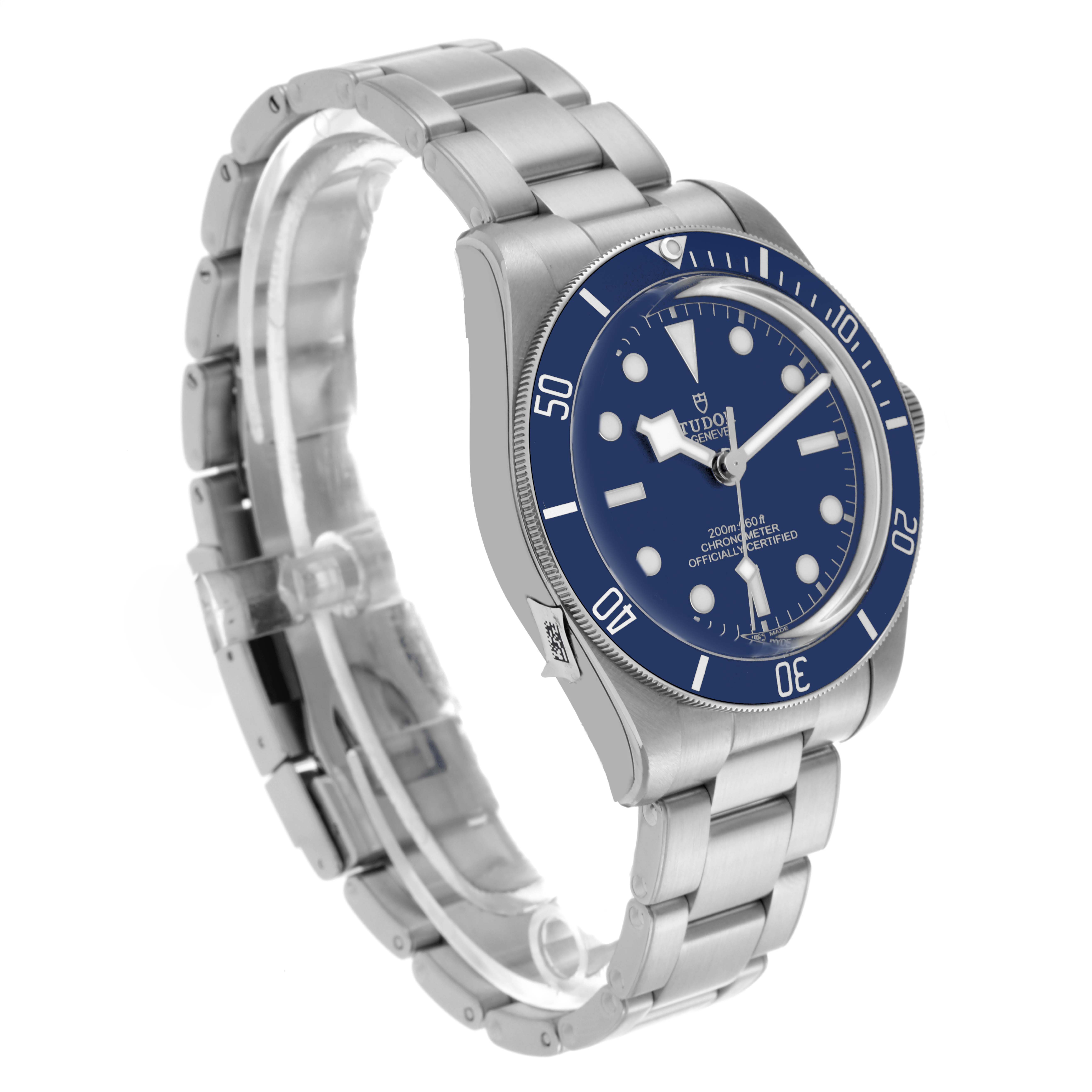 The Tudor Heritage Black Bay M79030B-0001 Men's Stainless Steel Blue Dial M79030B-0001 Men's Stainless Steel Blue Dial watch is shown at a three-quarter angle, displaying the case, dial, bezel, and bracelet.