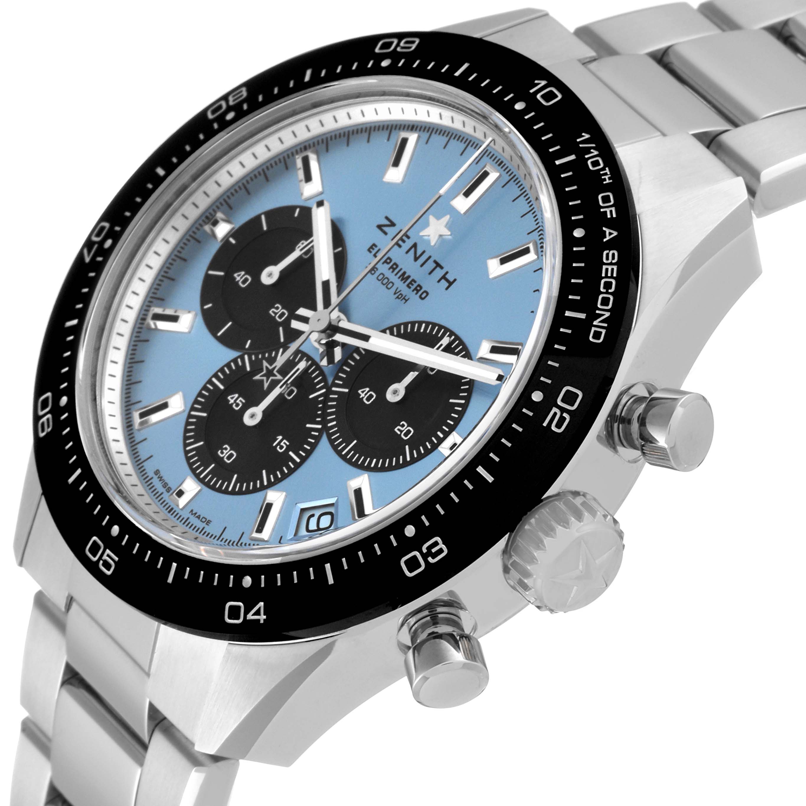 This Zenith Chronomaster 03.3104.3600/54.M3100 Men's Stainless Steel Blue Dial 03.3104.3600/54.M3100 Men's Stainless Steel Blue Dial watch is shown from a slight side angle, highlighting its dial, bezel, bracelet, and crown.