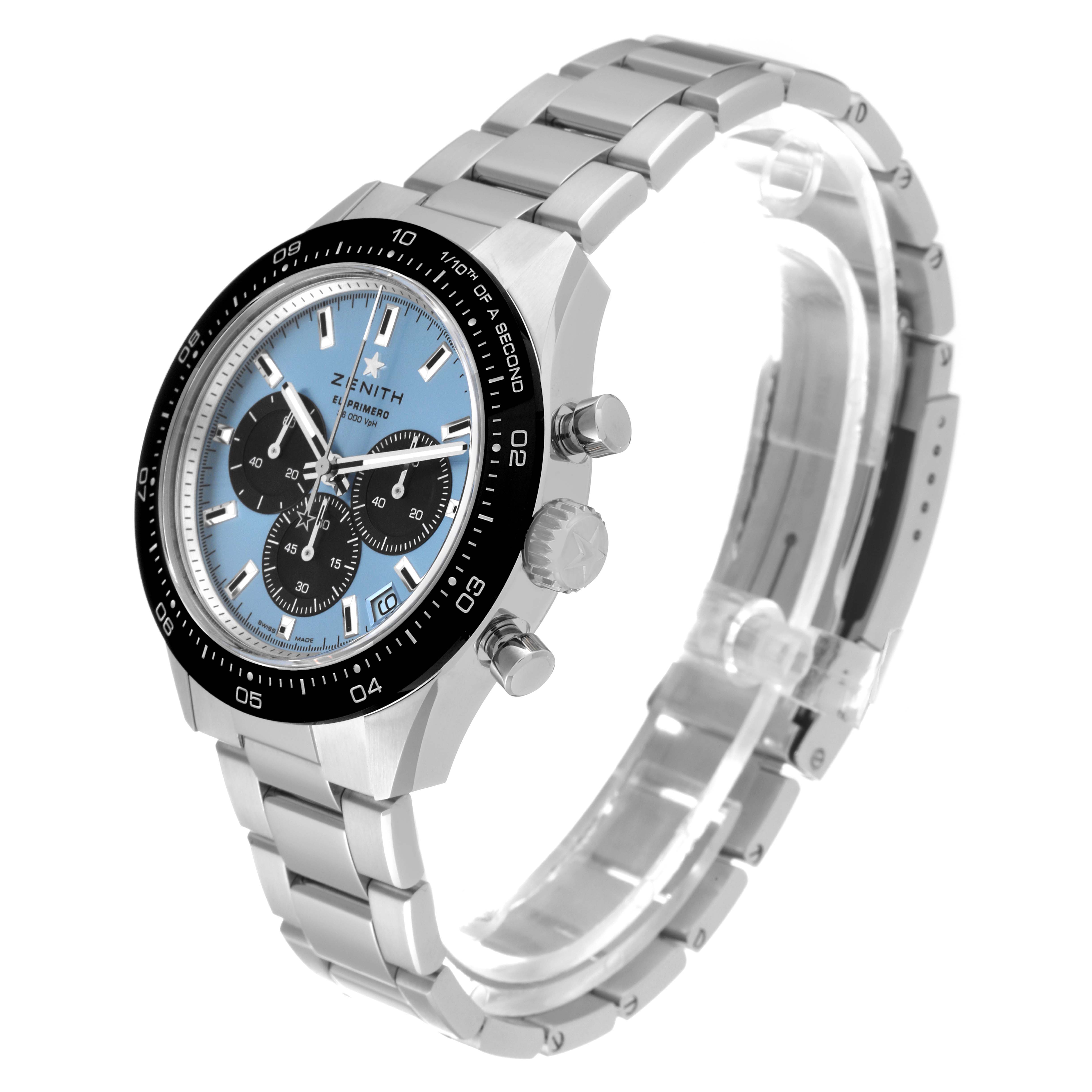 The image shows a Zenith Chronomaster 03.3104.3600/54.M3100 Men's Stainless Steel Blue Dial 03.3104.3600/54.M3100 Men's Stainless Steel Blue Dial watch at a three-quarter angle, displaying the watch face, bracelet, and side pushers.