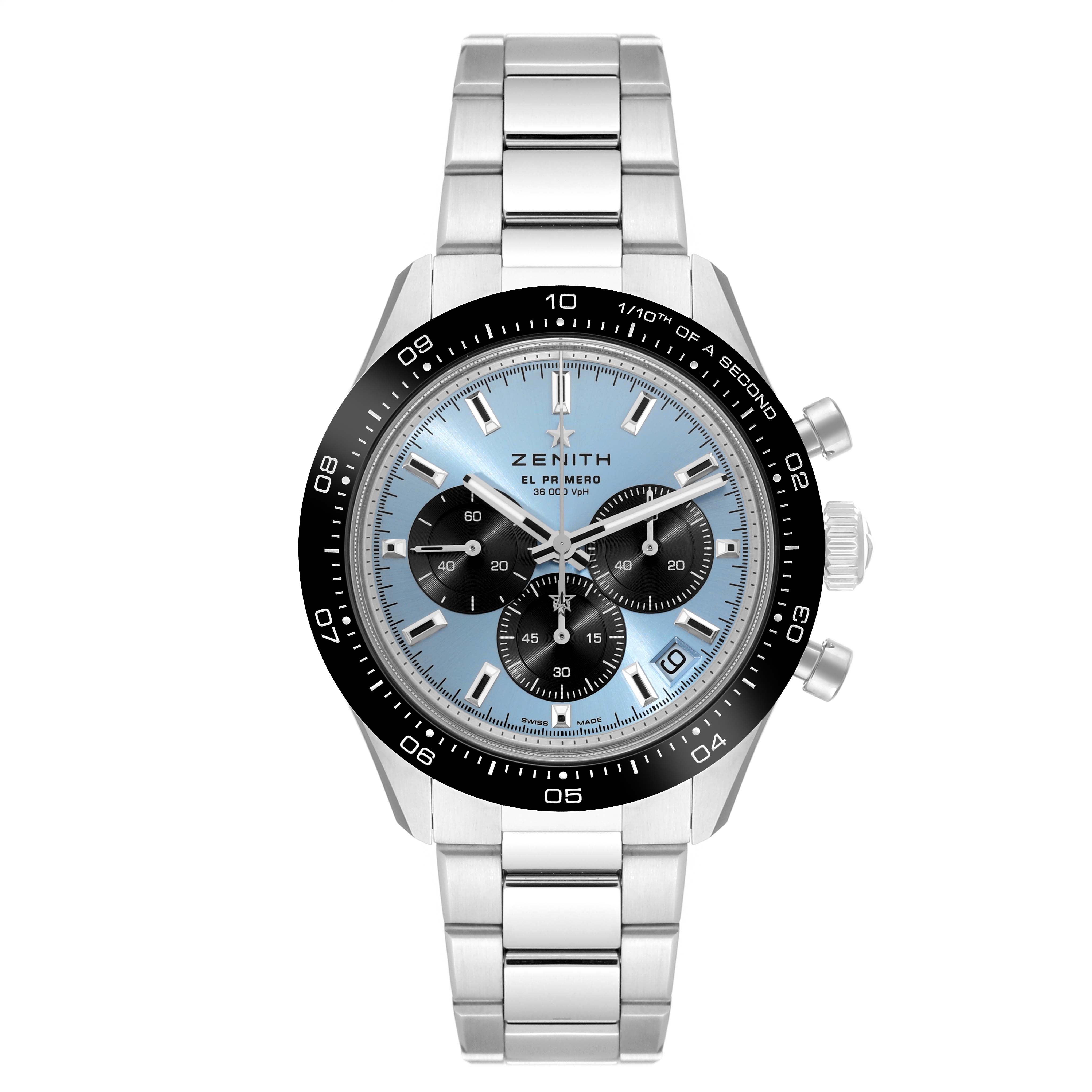 This image shows a Zenith Chronomaster 03.3104.3600/54.M3100 Men's Stainless Steel Blue Dial 03.3104.3600/54.M3100 Men's Stainless Steel Blue Dial watch from a front angle, highlighting its face, bezel, and bracelet.