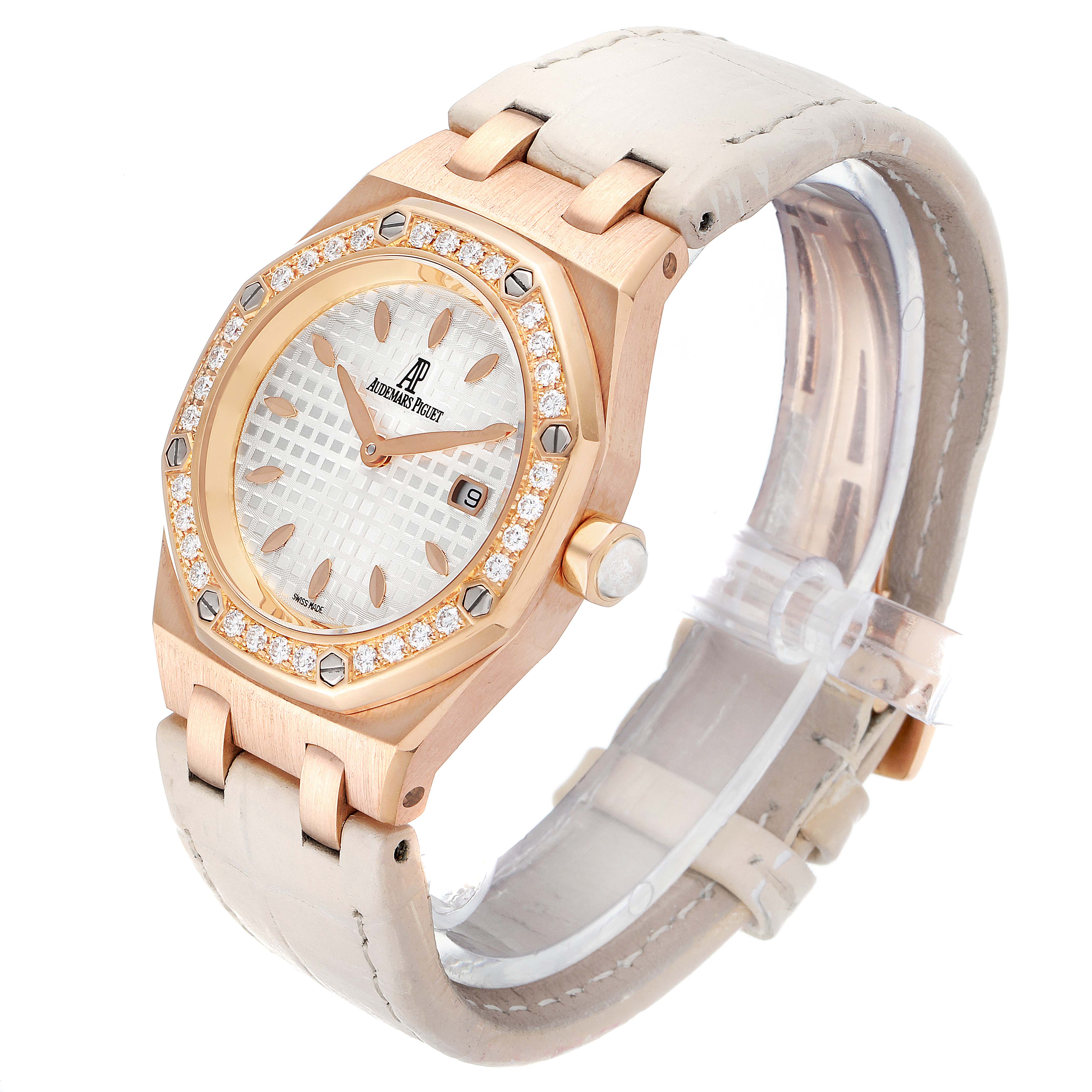 The image shows a side and angled view of a Royal Oak by Audemars Piguet, highlighting its bezel, dial, and strap.