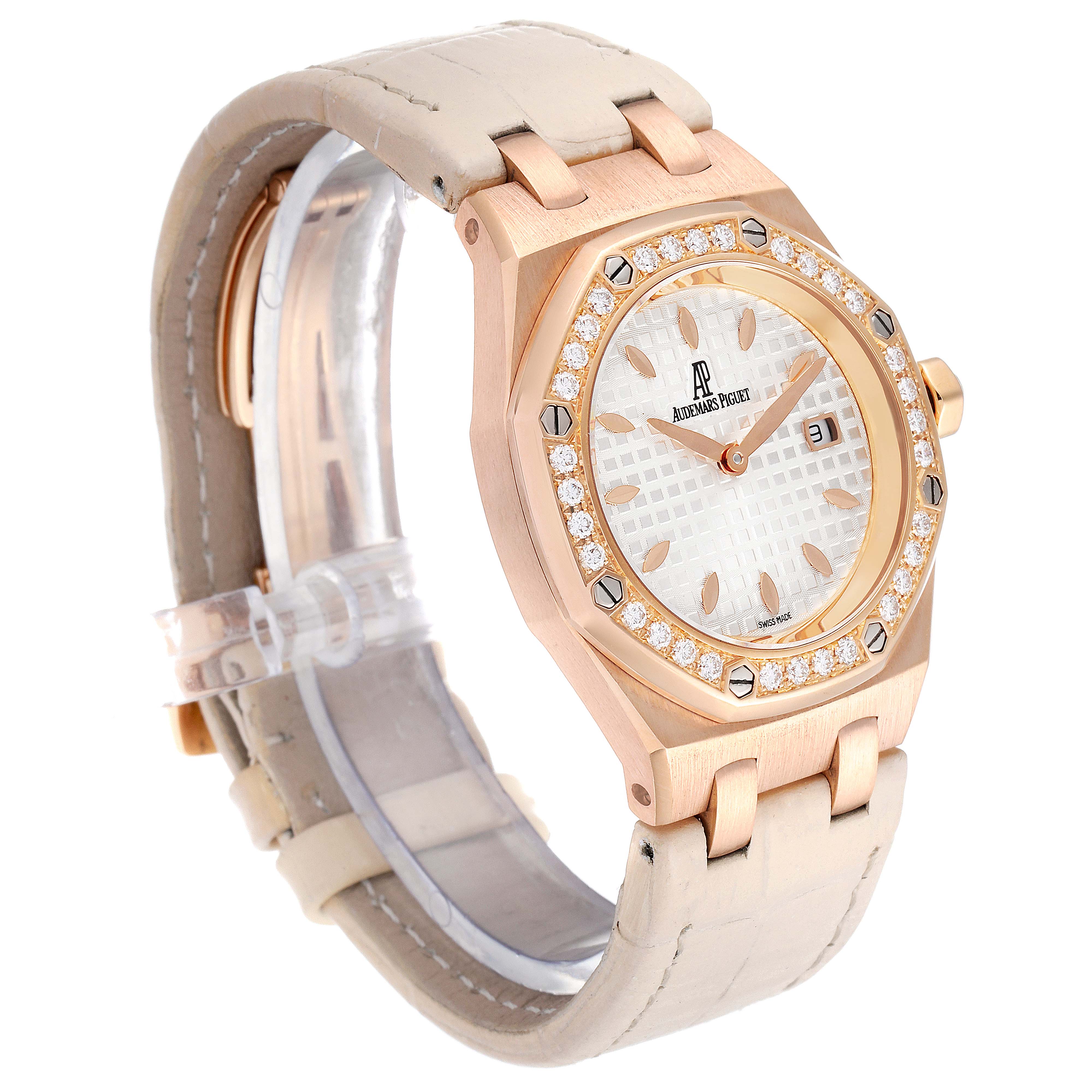 The image shows a side angle of a Royal Oak model by Audemars Piguet, highlighting the case, bezel, dial, and strap.