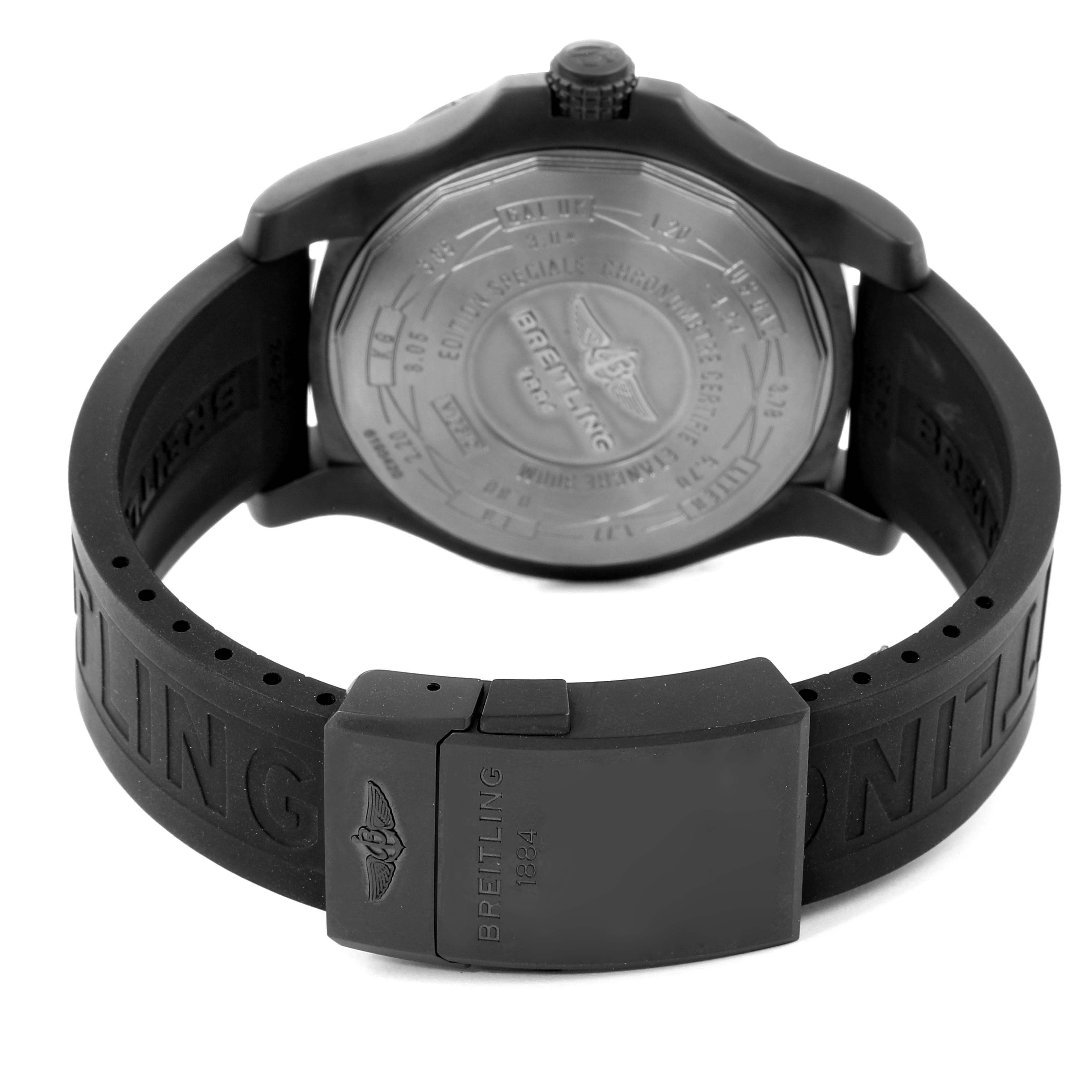 The image shows the back view of a Breitling Avenger V17310 Men's Titanium Black Dial V17310 Men's Titanium Black Dial watch, displaying its case back and rubber strap.