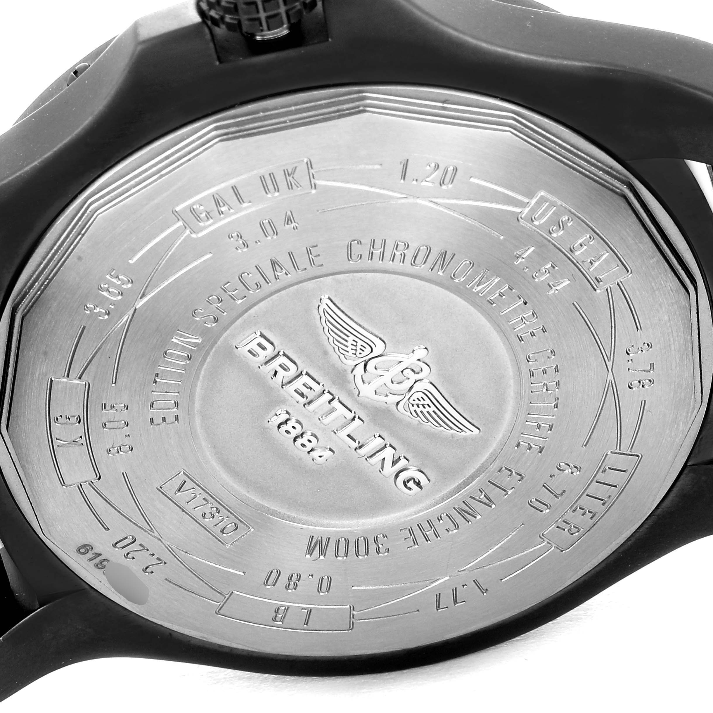 This image shows the backside of the Breitling Avenger V17310 Men's Titanium Black Dial V17310 Men's Titanium Black Dial watch, highlighting its engraved details and branding.