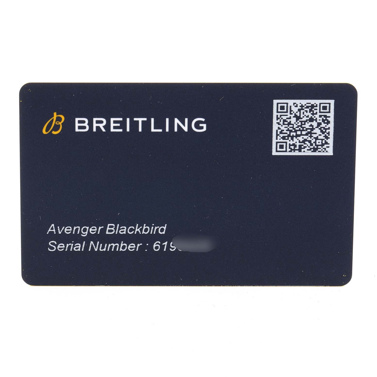 Shown is a warranty card for the Breitling Avenger V17310 Men's Titanium Black Dial V17310 Men's Titanium Black Dial Blackbird watch, including the brand name, QR code, and serial number.