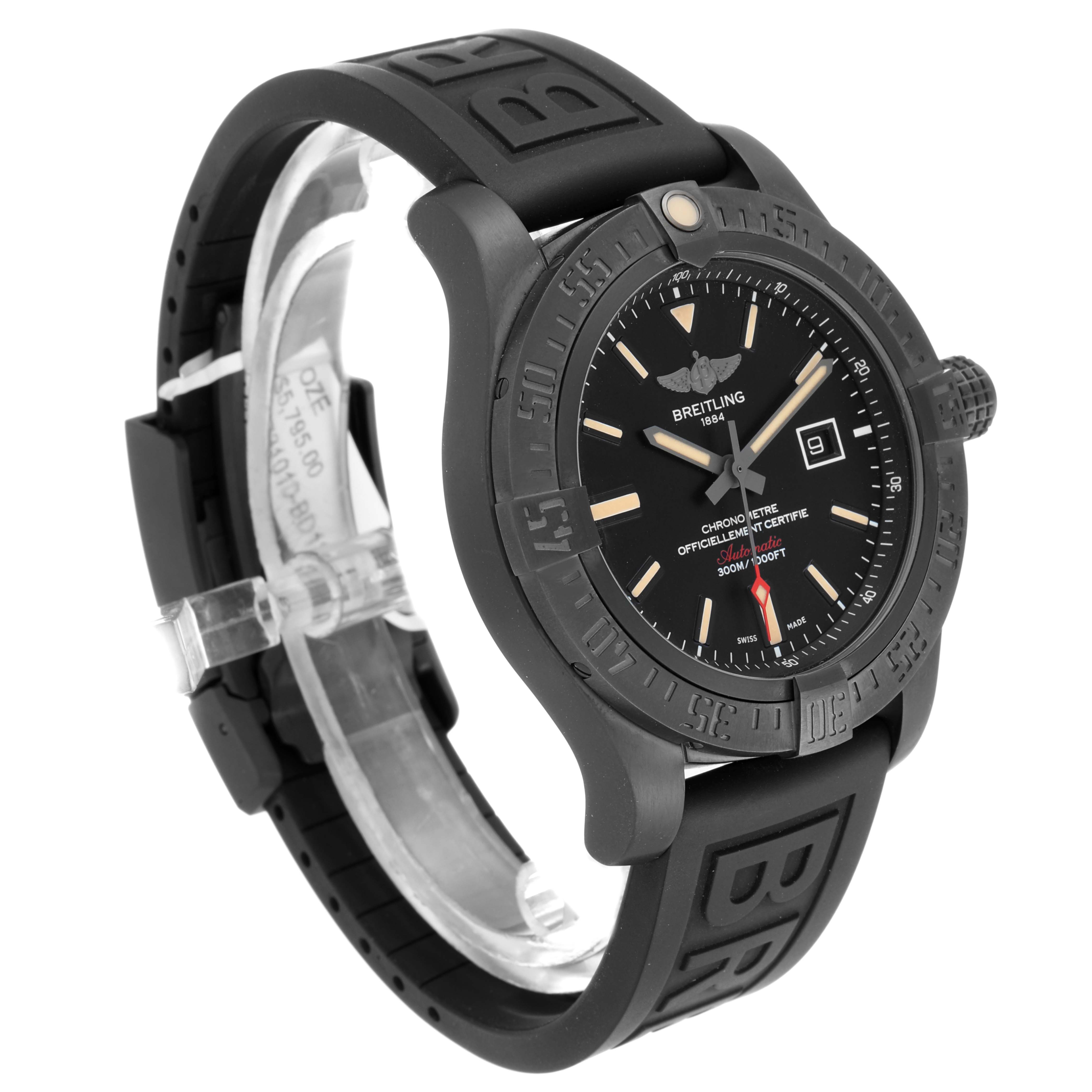 The image shows a Breitling Avenger V17310 Men's Titanium Black Dial V17310 Men's Titanium Black Dial watch angled from the front-right, displaying the face, bezel, and rubber strap.