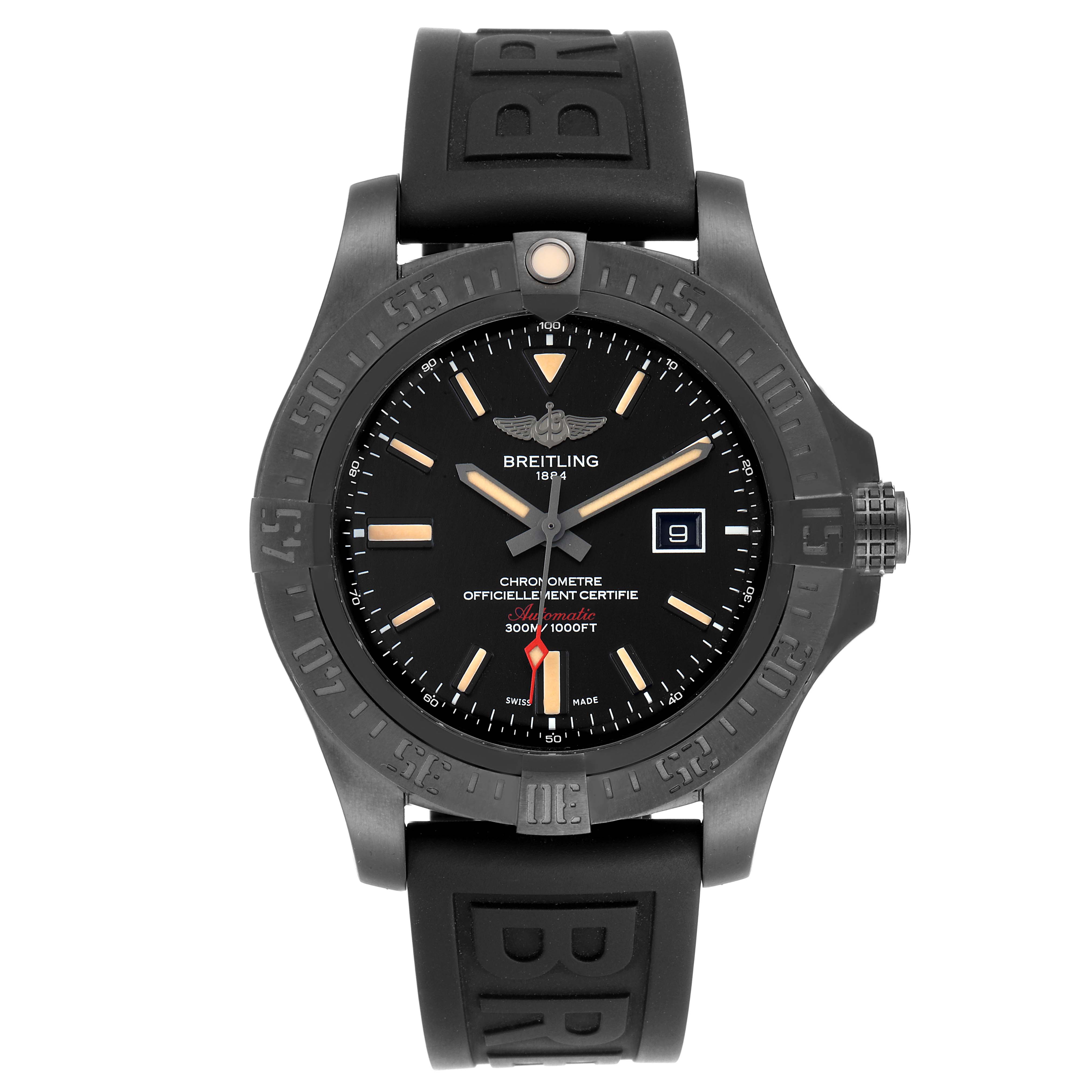 The image shows a front view of the Breitling Avenger V17310 Men's Titanium Black Dial V17310 Men's Titanium Black Dial watch, highlighting its black dial, rubber strap, and date display.