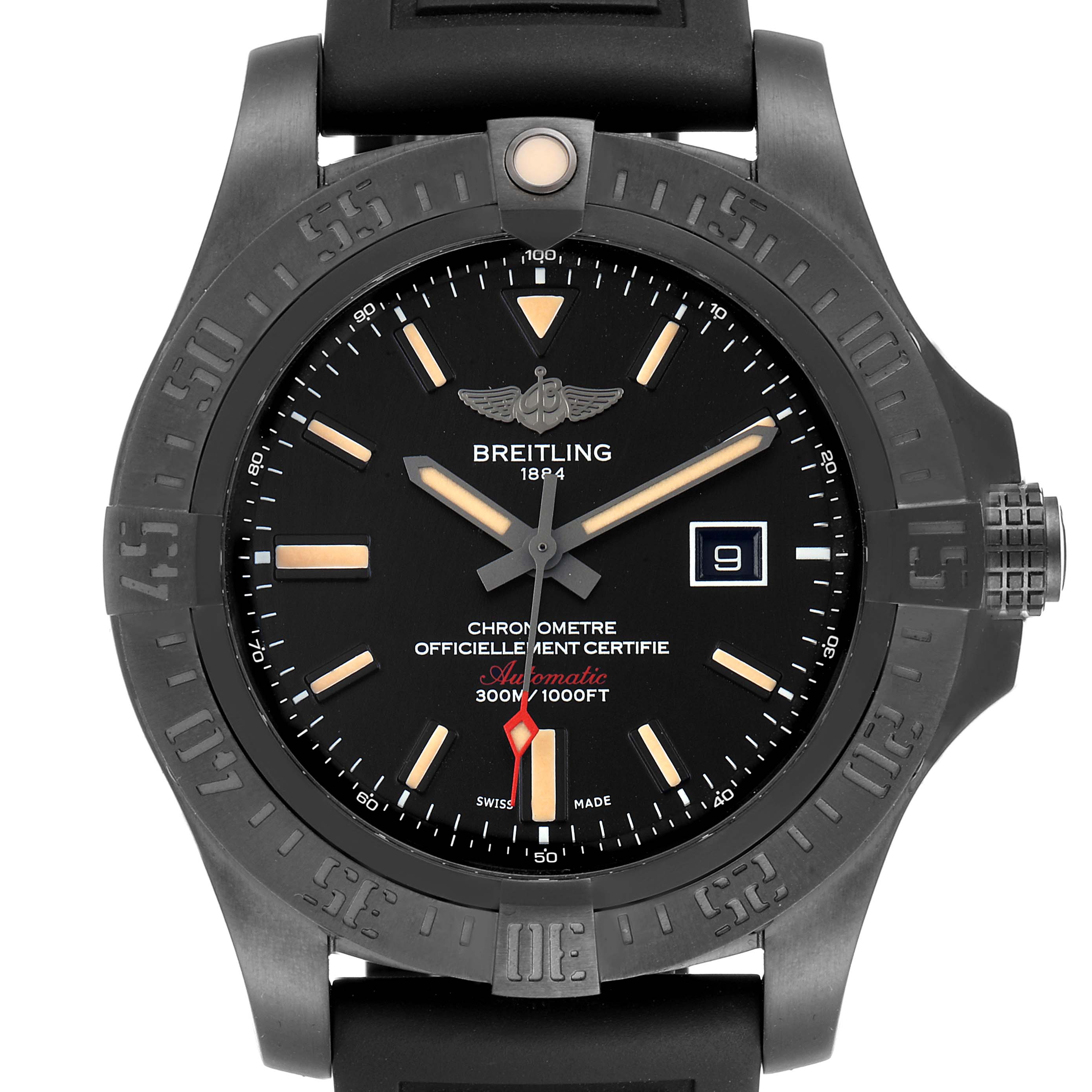 The image shows a front view of the Breitling Avenger V17310 Men's Titanium Black Dial V17310 Men's Titanium Black Dial watch, highlighting the face, bezel, and crown.