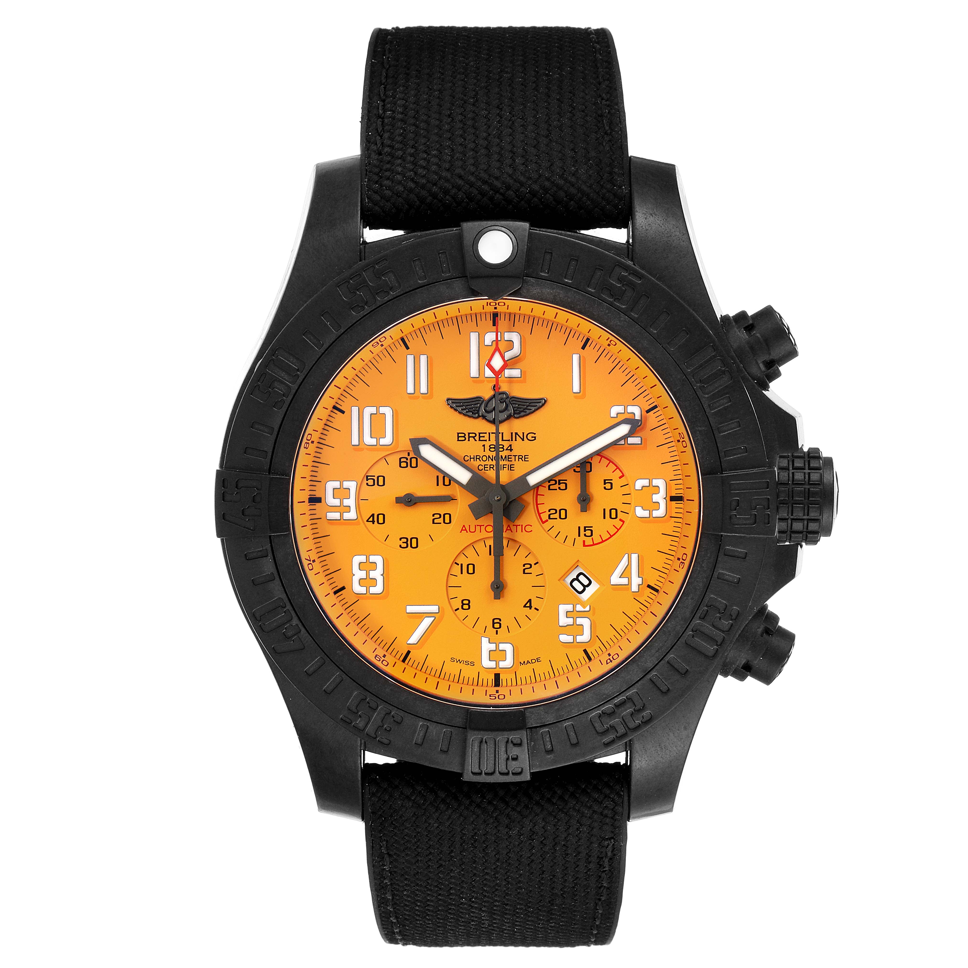 The Breitling Avenger XB0170E4/1533 Men's Titanium Yellow Dial XB0170E4/1533 Men's Titanium Yellow Dial watch is shown from a front angle, displaying the dial, bezel, and strap.