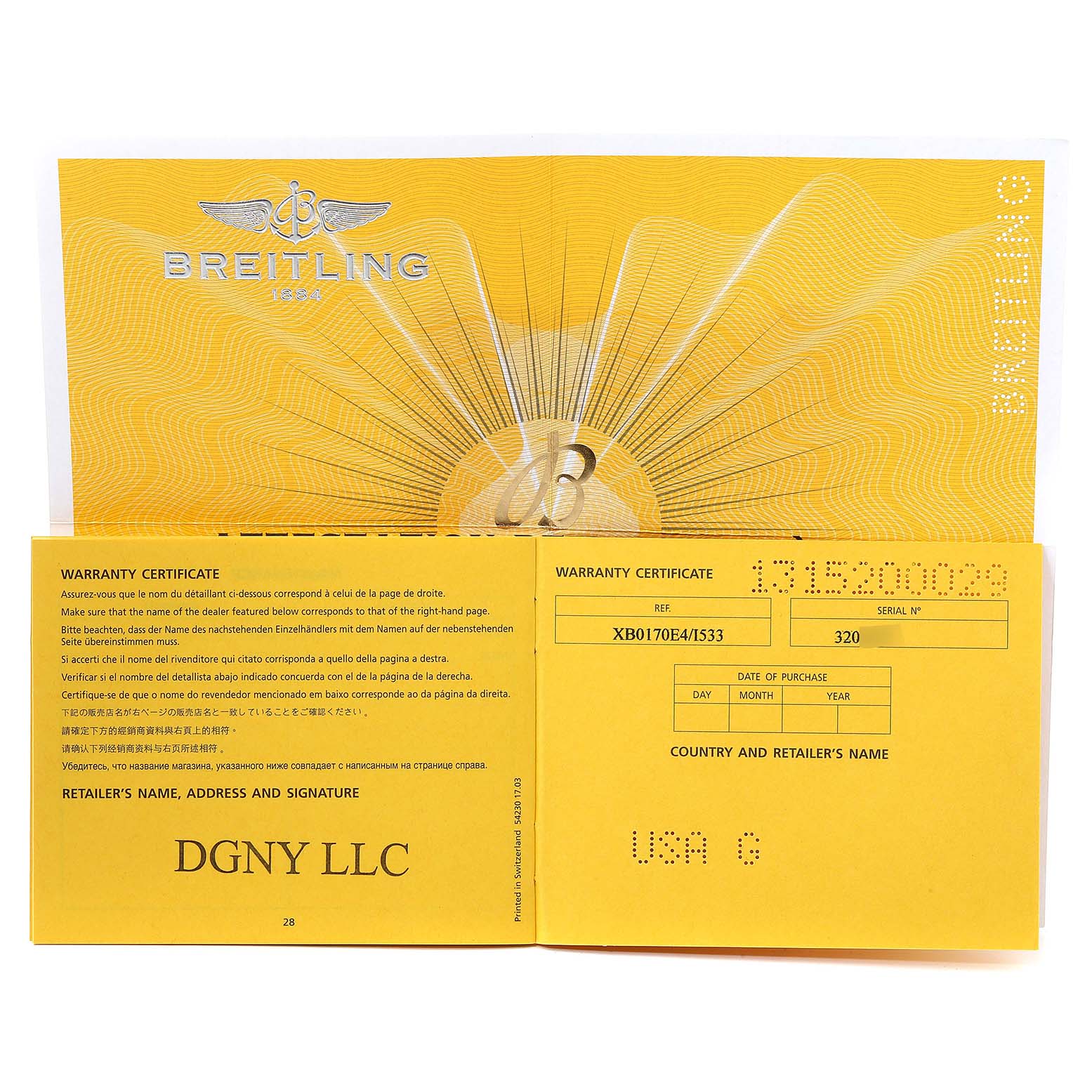 The image shows the warranty certificate for a Breitling Avenger XB0170E4/1533 Men's Titanium Yellow Dial XB0170E4/1533 Men's Titanium Yellow Dial watch model XB0170EA/1533.