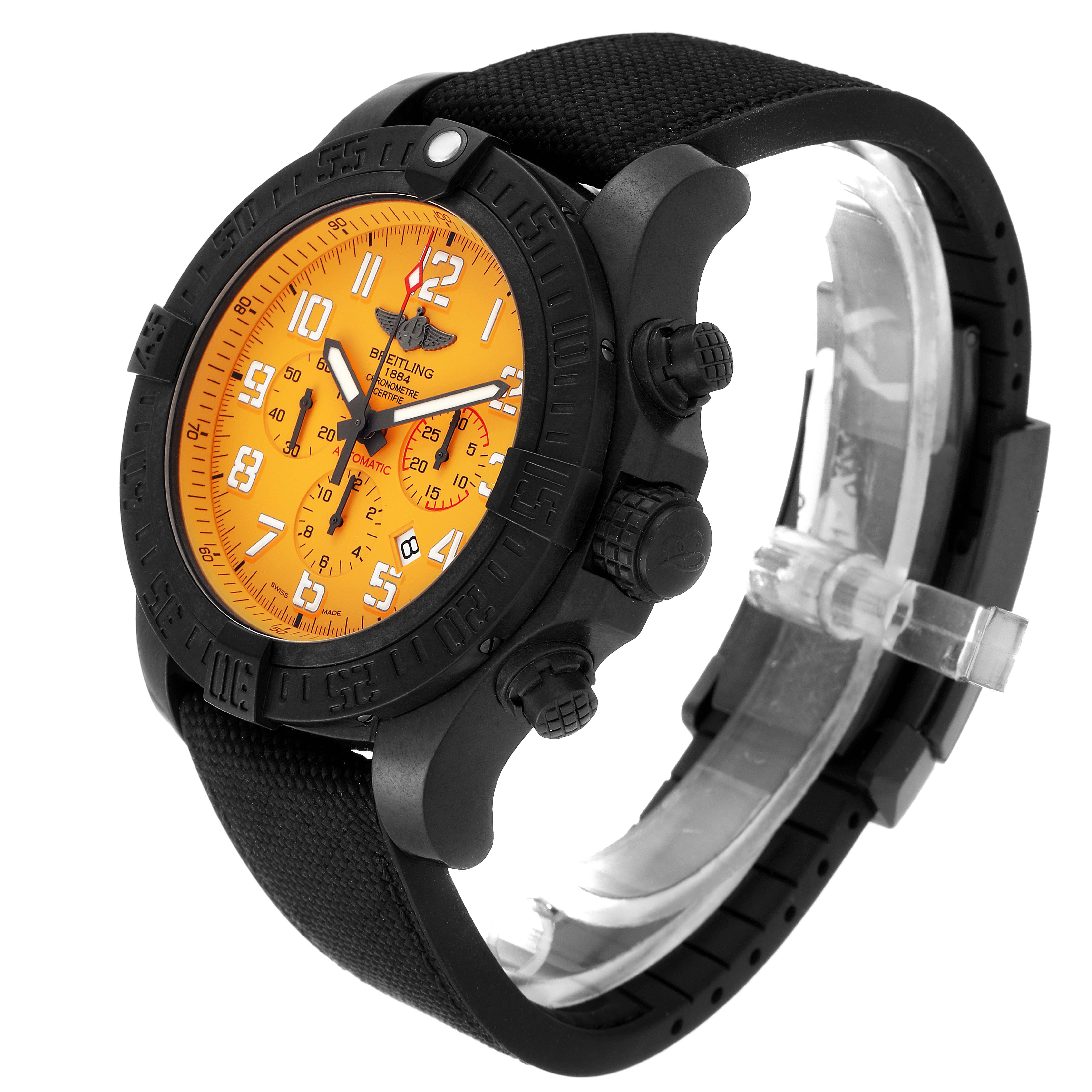 The image shows a side angle view of a Breitling Avenger XB0170E4/1533 Men's Titanium Yellow Dial XB0170E4/1533 Men's Titanium Yellow Dial watch, highlighting its strap, bezel, dial, and pushers.