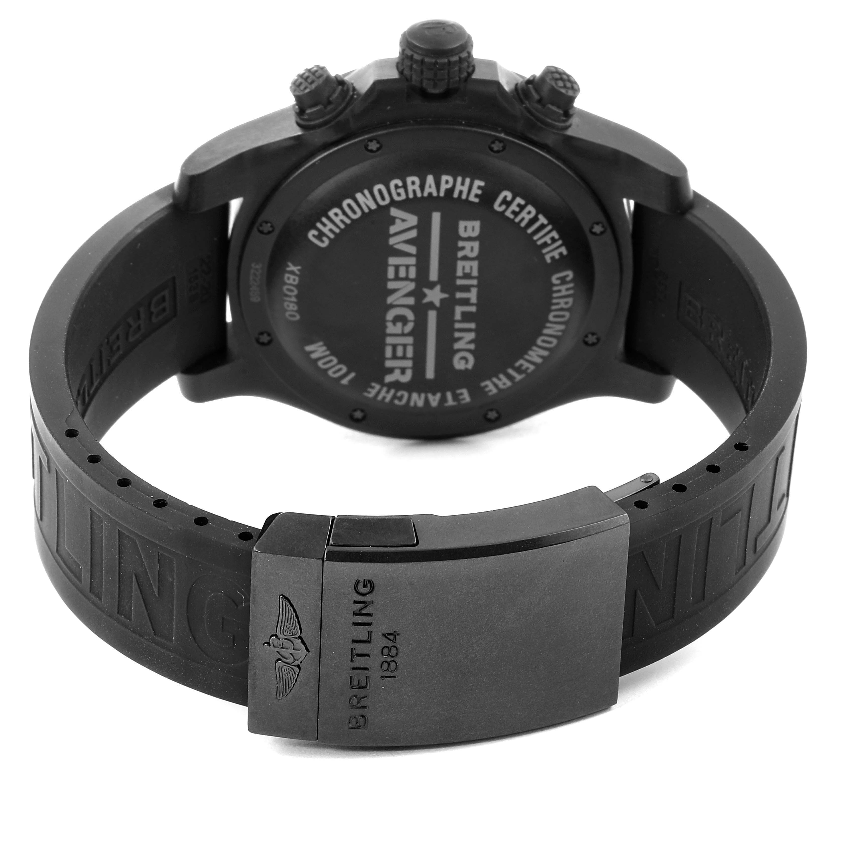 The image shows the back case and the clasp of a Breitling Avenger XB0180E4/BF31 Men's Titanium Black Dial XB0180E4/BF31 Men's Titanium Black Dial watch from a rear angle.