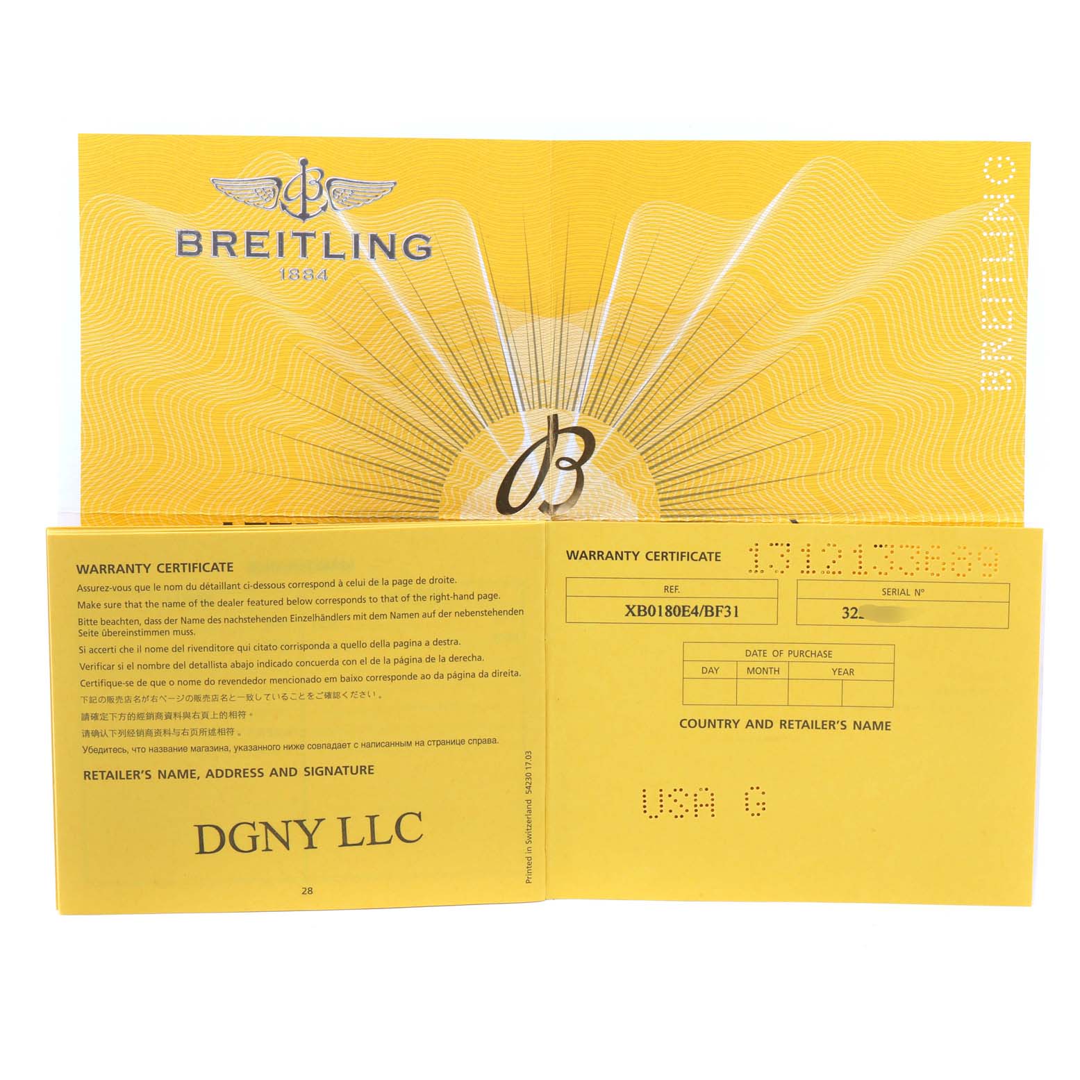 The image shows the warranty certificate for a Breitling Avenger XB0180E4/BF31 Men's Titanium Black Dial XB0180E4/BF31 Men's Titanium Black Dial watch.
