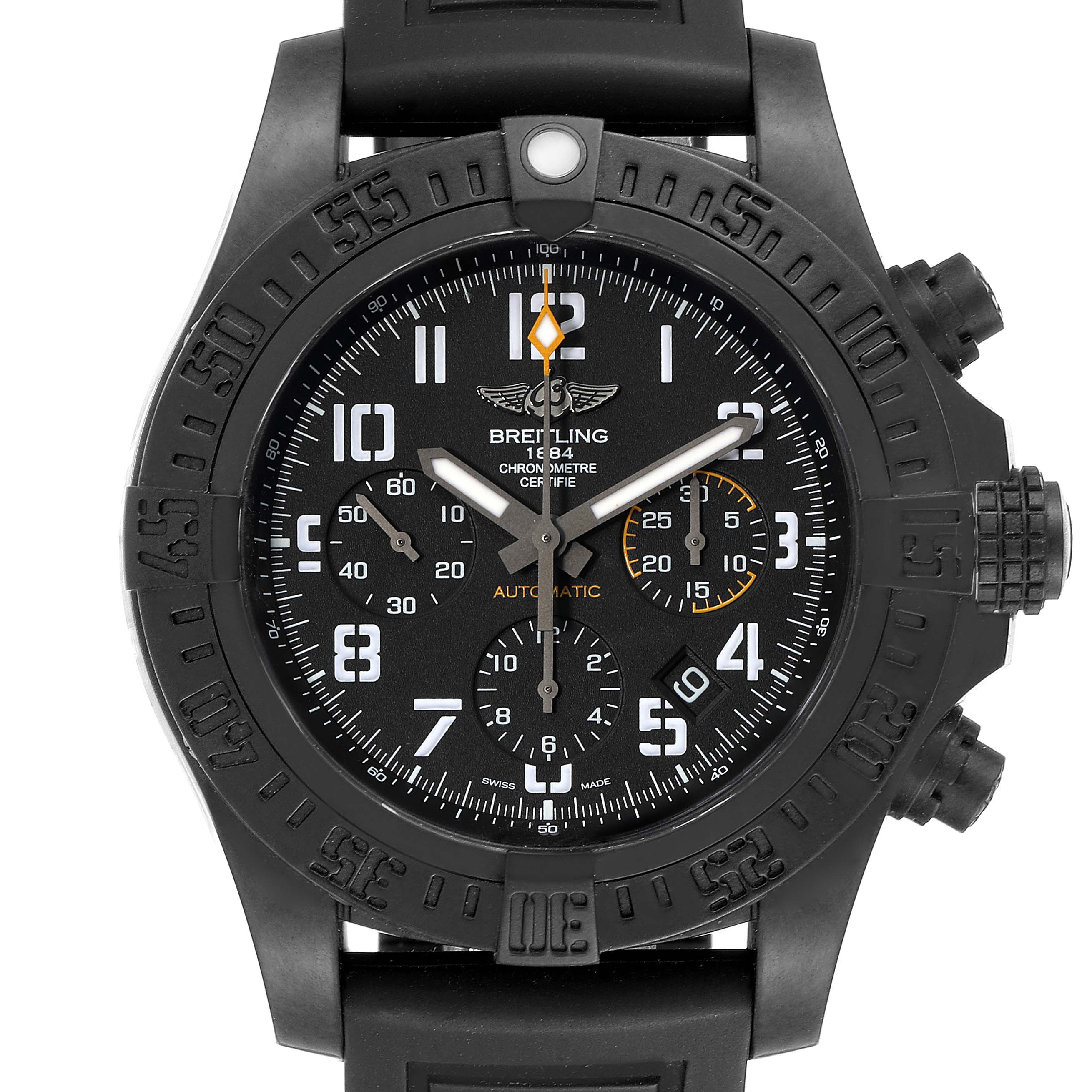 The image shows a front view of the Breitling Avenger XB0180E4/BF31 Men's Titanium Black Dial XB0180E4/BF31 Men's Titanium Black Dial watch, highlighting its black dial, bezel, and rubber strap.