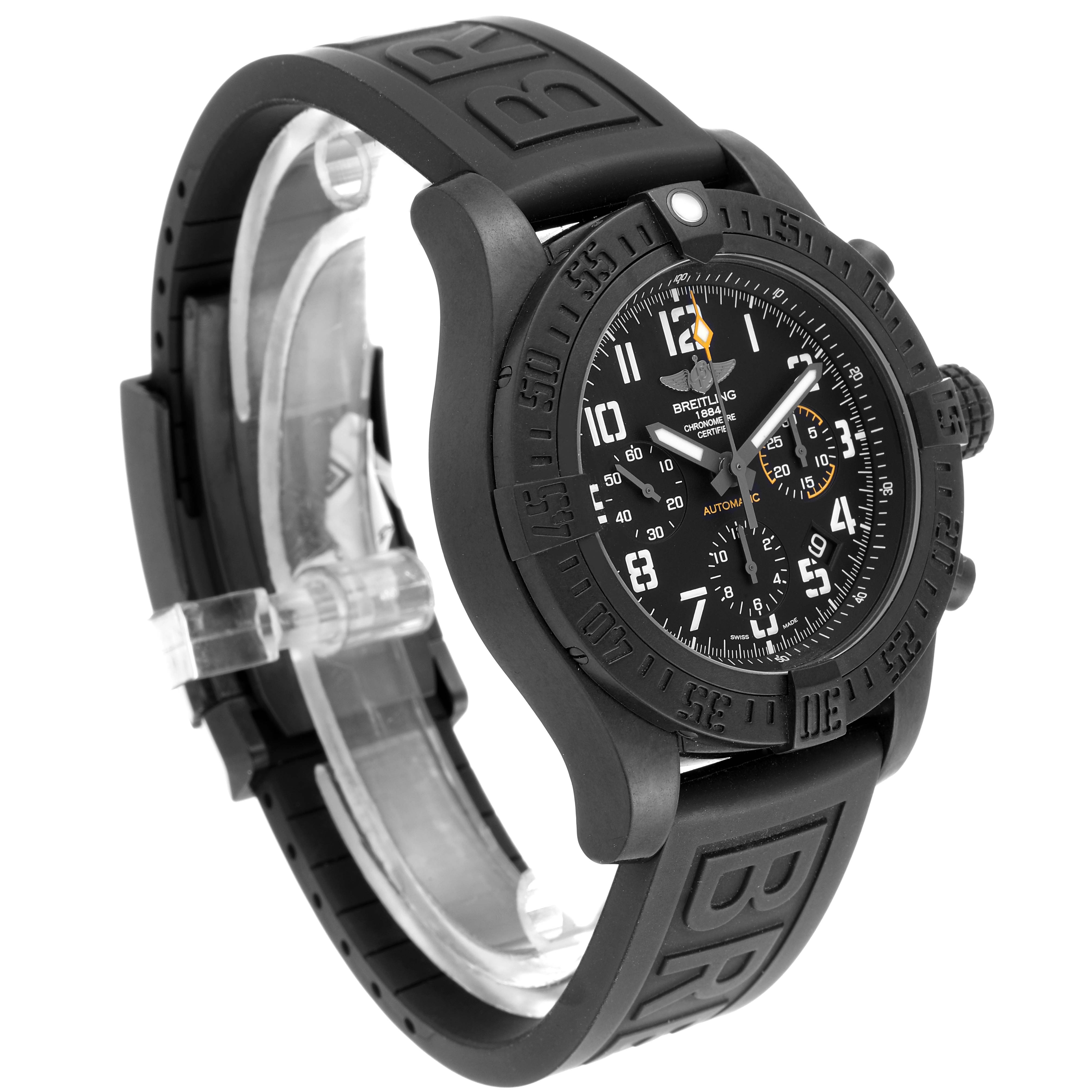 The image shows a front-side angle of a Breitling Avenger XB0180E4/BF31 Men's Titanium Black Dial XB0180E4/BF31 Men's Titanium Black Dial watch, highlighting its dial, bezel, buttons, and strap.