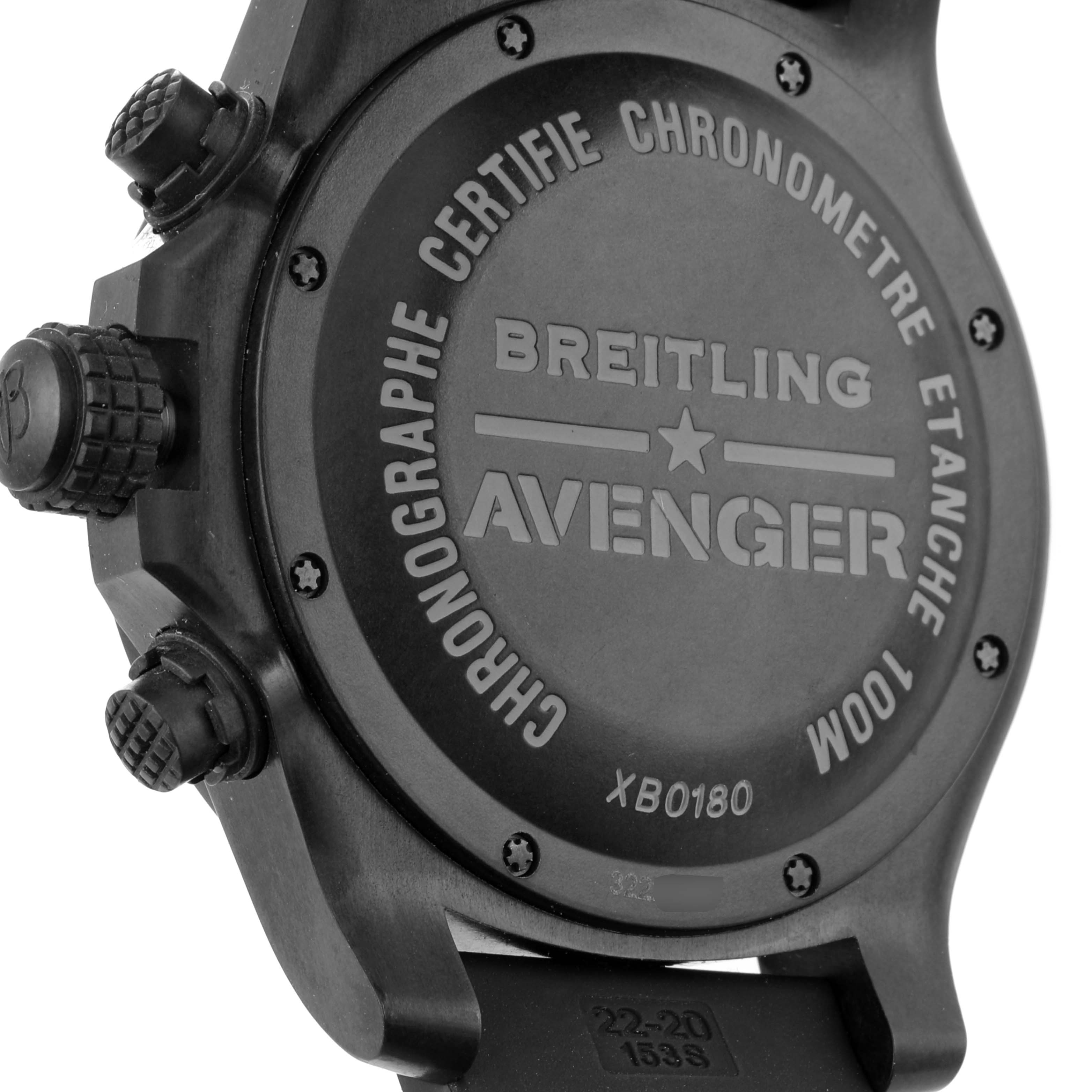 This image shows the back case and side buttons of the Breitling Avenger XB0180E4/BF31 Men's Titanium Black Dial XB0180E4/BF31 Men's Titanium Black Dial watch, highlighting its details and engravings.