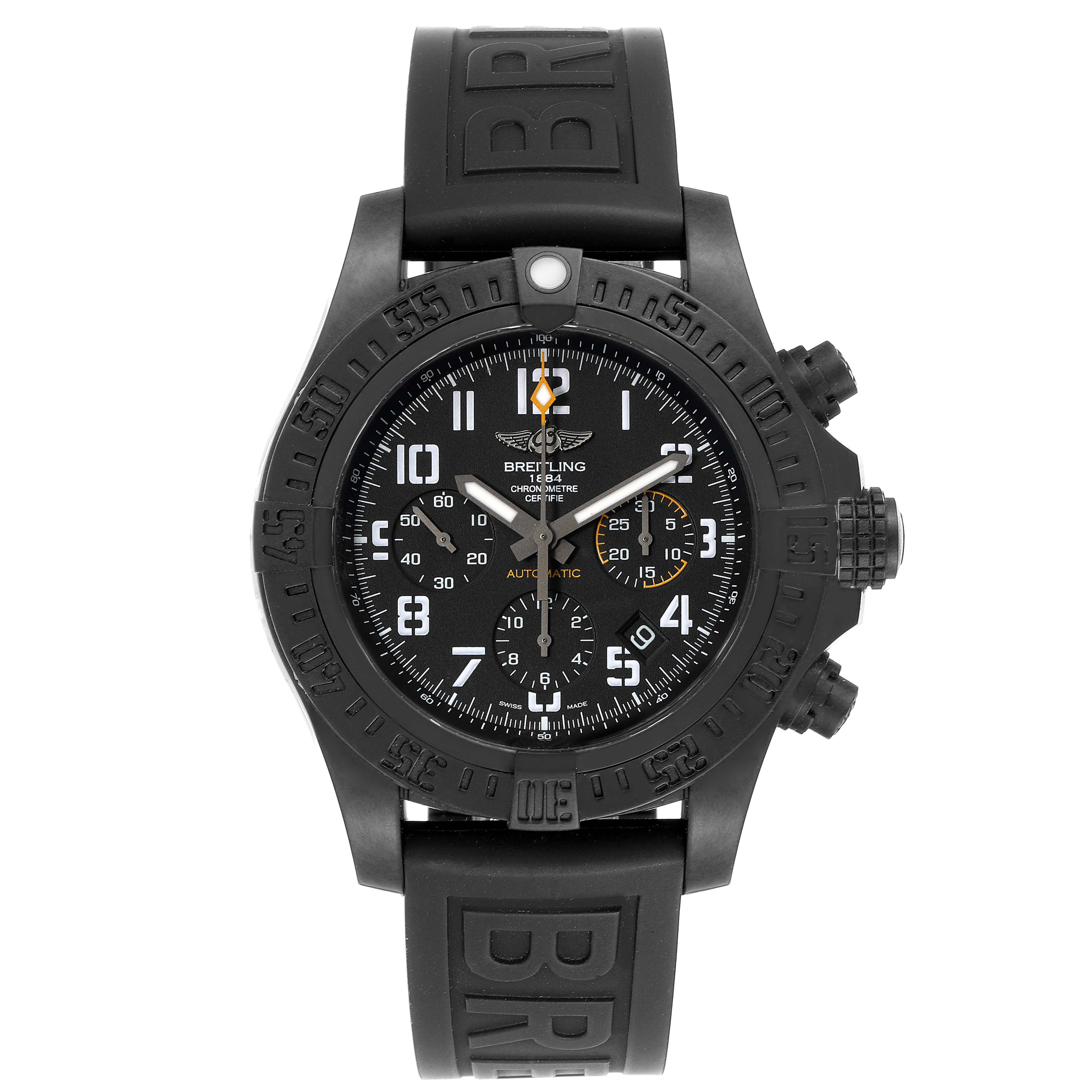 The image shows a frontal view of a Breitling Avenger XB0180E4/BF31 Men's Titanium Black Dial XB0180E4/BF31 Men's Titanium Black Dial watch with a black rubber strap and black dial.