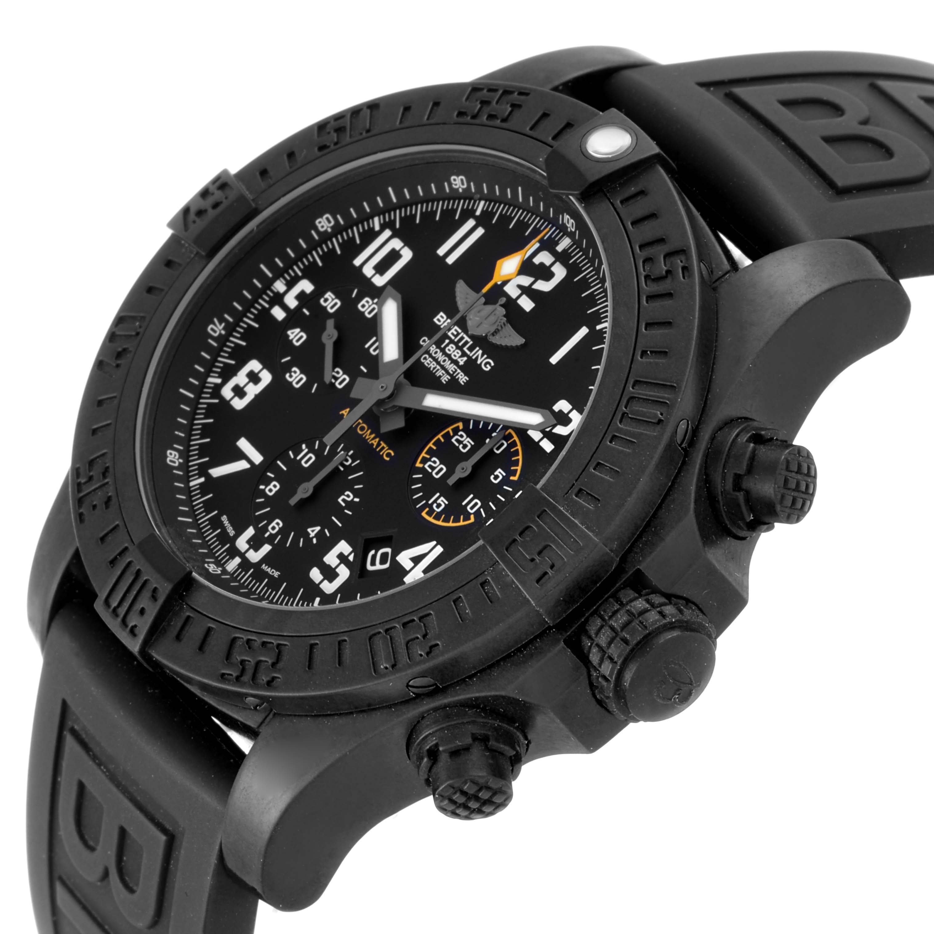 The image shows a side angle of a Breitling Avenger XB0180E4/BF31 Men's Titanium Black Dial XB0180E4/BF31 Men's Titanium Black Dial watch featuring the bezel, dial, pushers, and part of the strap.