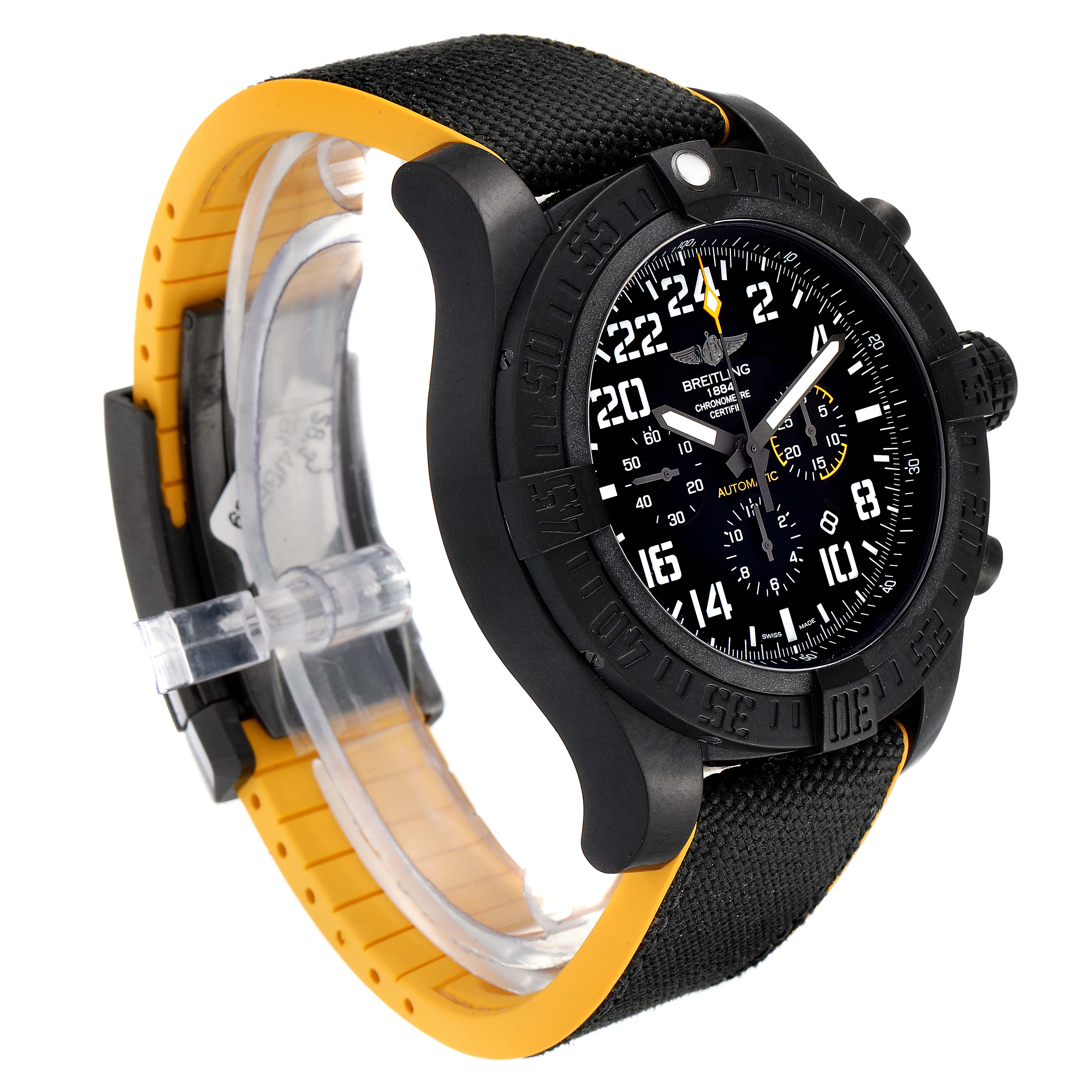 The image shows a side angle of the Breitling Avenger XB12101A/BF46-283S Men's Titanium Black Dial XB12101A/BF46-283S Men's Titanium Black Dial watch, highlighting its black case, bezel, and yellow-accented strap.