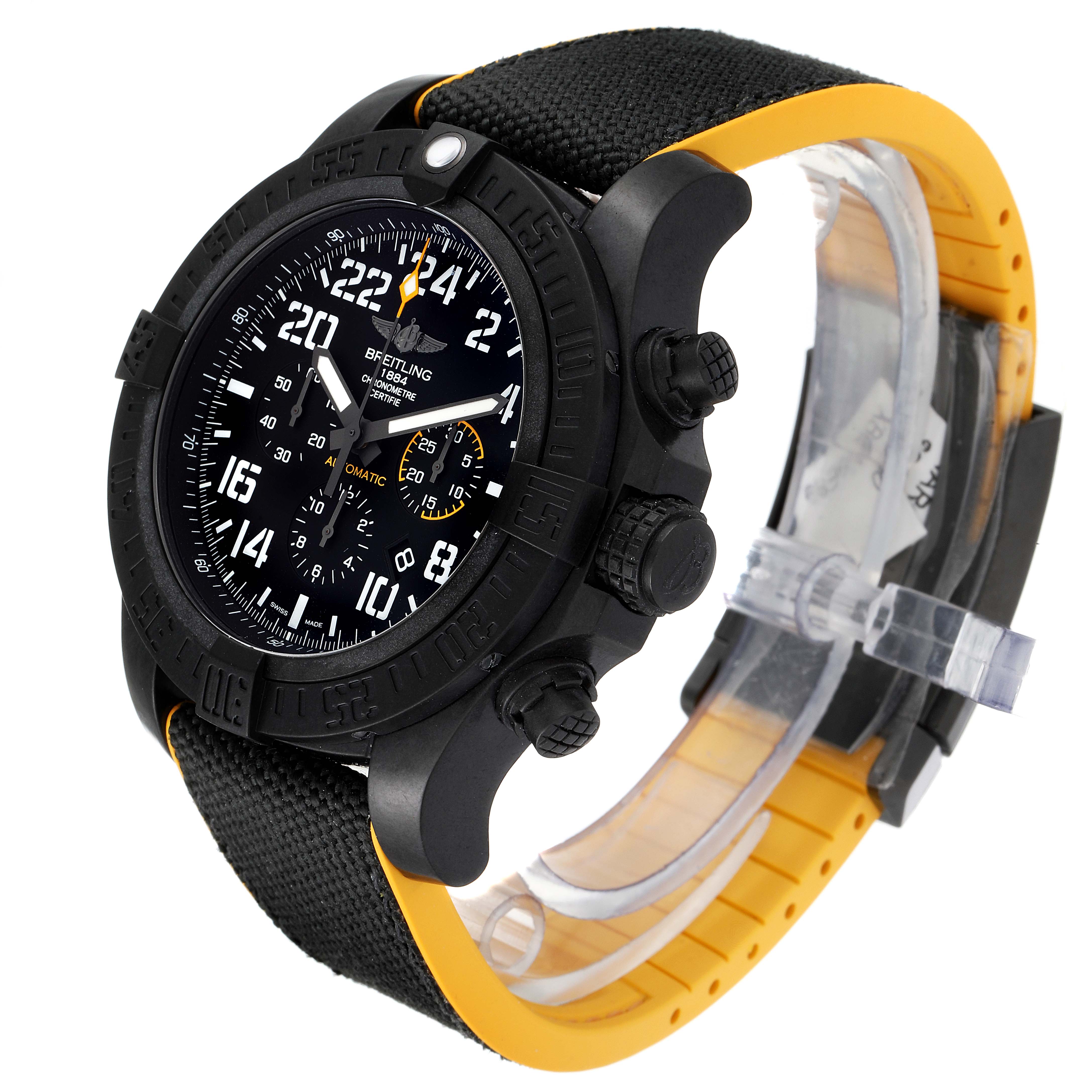 The Breitling Avenger XB12101A/BF46-283S Men's Titanium Black Dial XB12101A/BF46-283S Men's Titanium Black Dial watch is shown at a front-left angle, displaying its face, bezel, and strap.