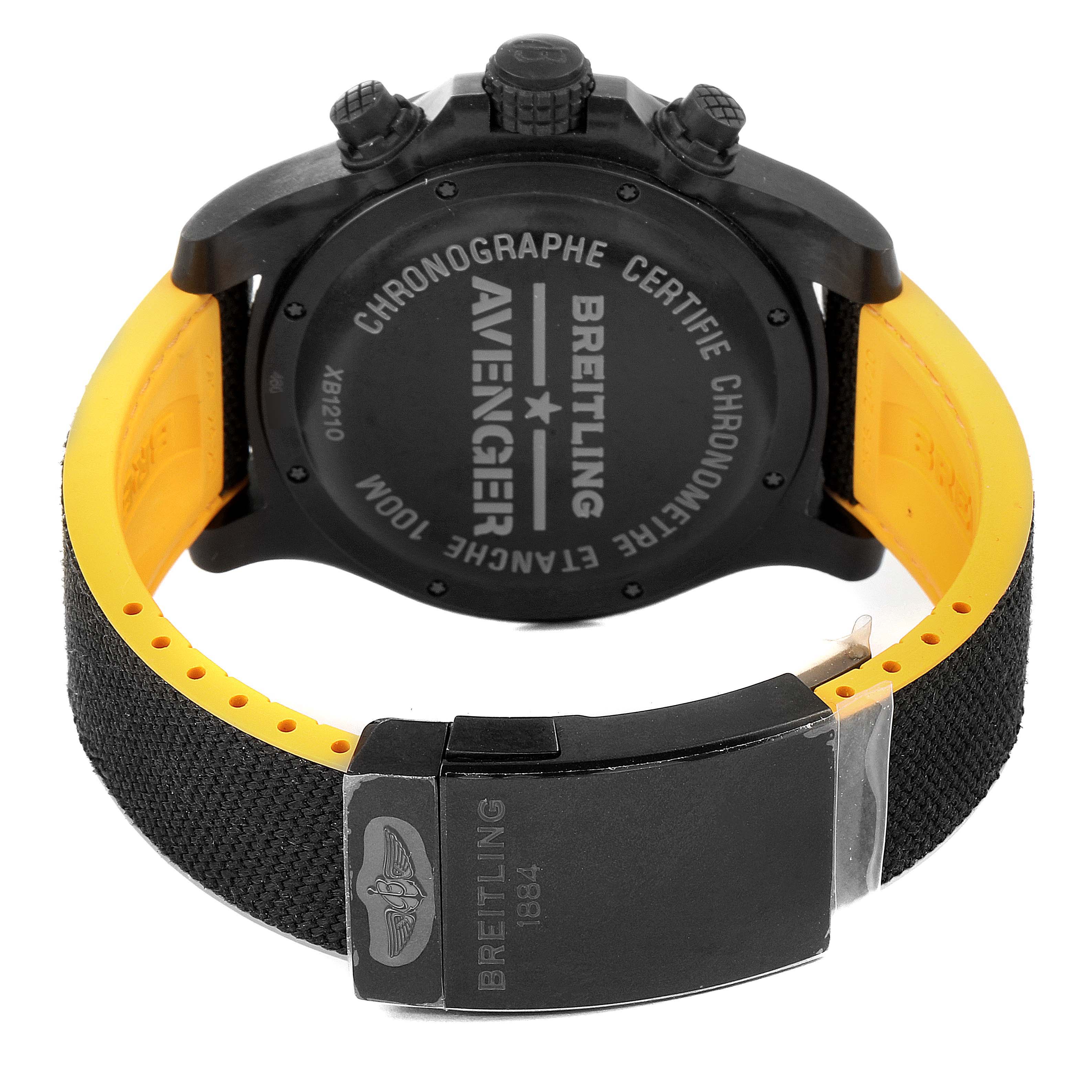 This image shows the back case, band, and clasp of a Breitling Avenger XB12101A/BF46-283S Men's Titanium Black Dial XB12101A/BF46-283S Men's Titanium Black Dial watch from a rear angle.