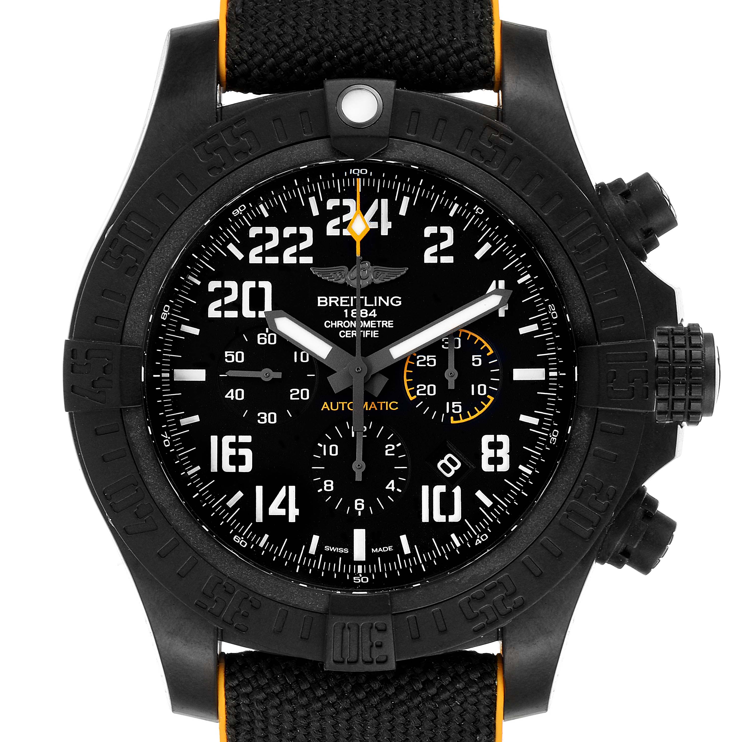 The image shows a front view of a Breitling Avenger XB12101A/BF46-283S Men's Titanium Black Dial XB12101A/BF46-283S Men's Titanium Black Dial watch, featuring a black dial, chronograph sub-dials, and a black strap.