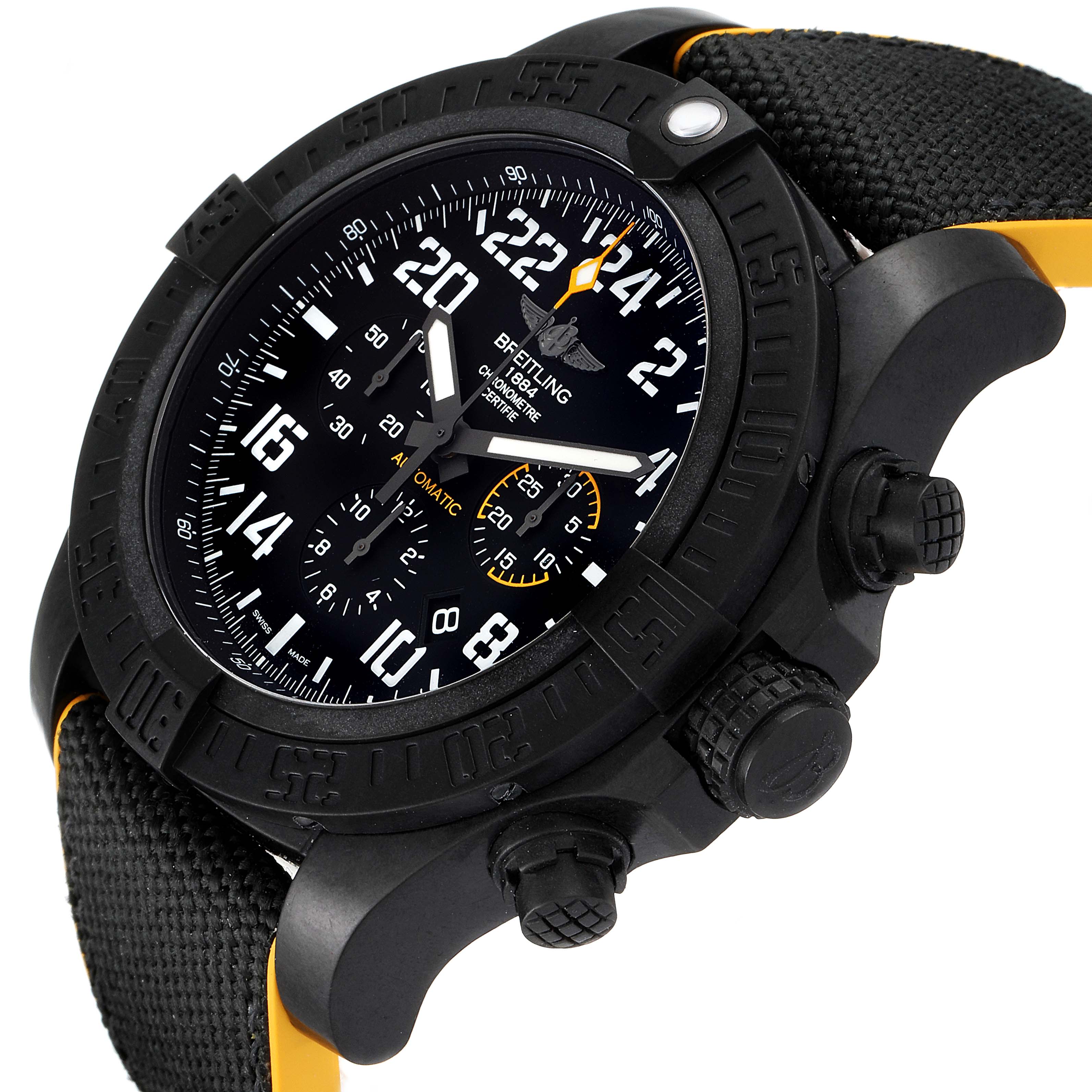 The Breitling Avenger XB12101A/BF46-283S Men's Titanium Black Dial XB12101A/BF46-283S Men's Titanium Black Dial watch is shown at an angled close-up, highlighting its dial, bezel, crown, and part of the strap.