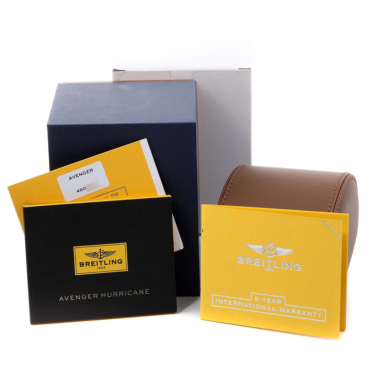 The image shows the packaging and accessories of a Breitling Avenger XB12101A/BF46-283S Men's Titanium Black Dial XB12101A/BF46-283S Men's Titanium Black Dial watch, including boxes, warranty card, and a booklet.