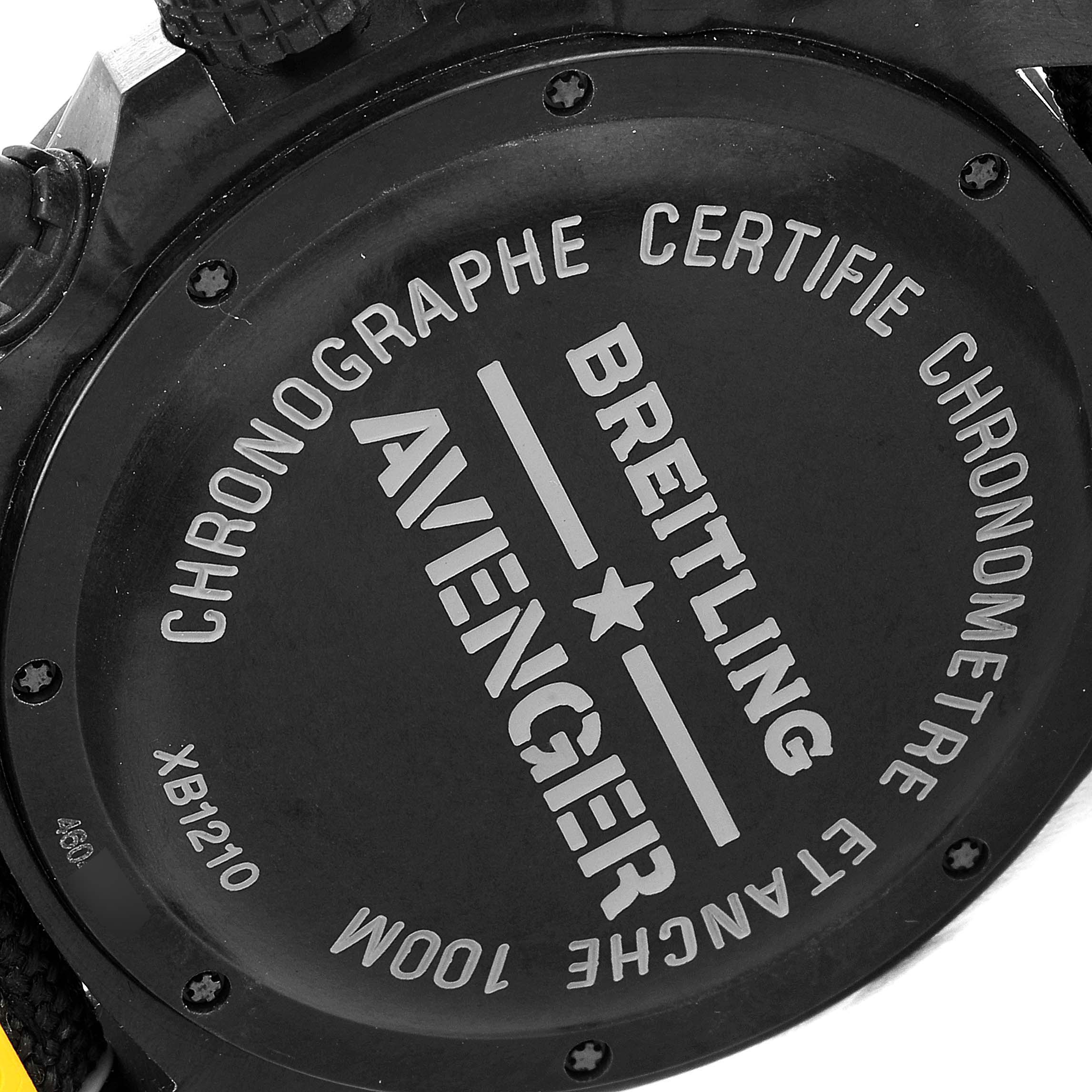 The image shows the back case of a Breitling Avenger XB12101A/BF46-283S Men's Titanium Black Dial XB12101A/BF46-283S Men's Titanium Black Dial watch, displaying the model name and certifications.