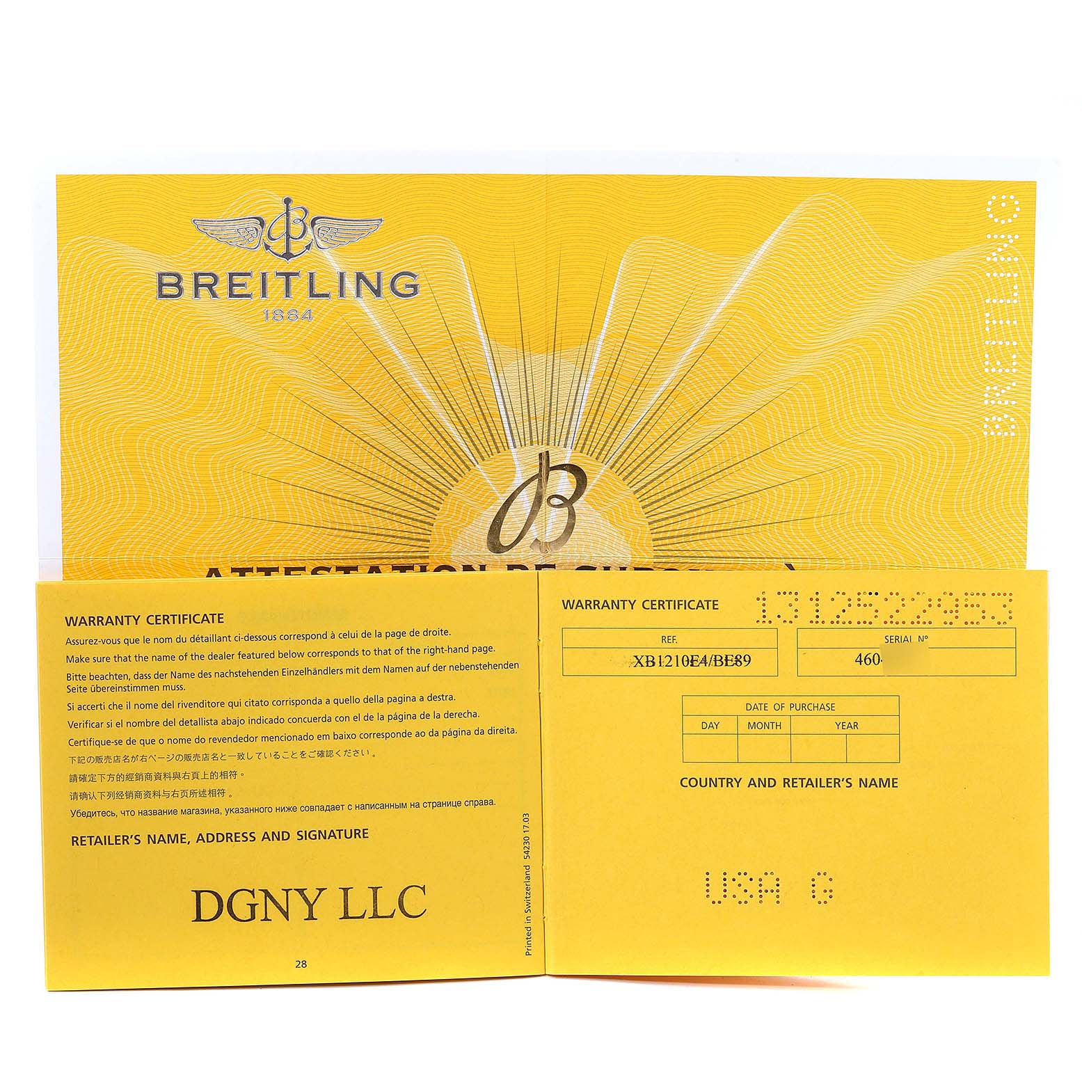 The image shows a warranty certificate for the Breitling Avenger XB12101A/BF46-283S Men's Titanium Black Dial XB12101A/BF46-283S Men's Titanium Black Dial watch, including the retailer's information and purchase details.