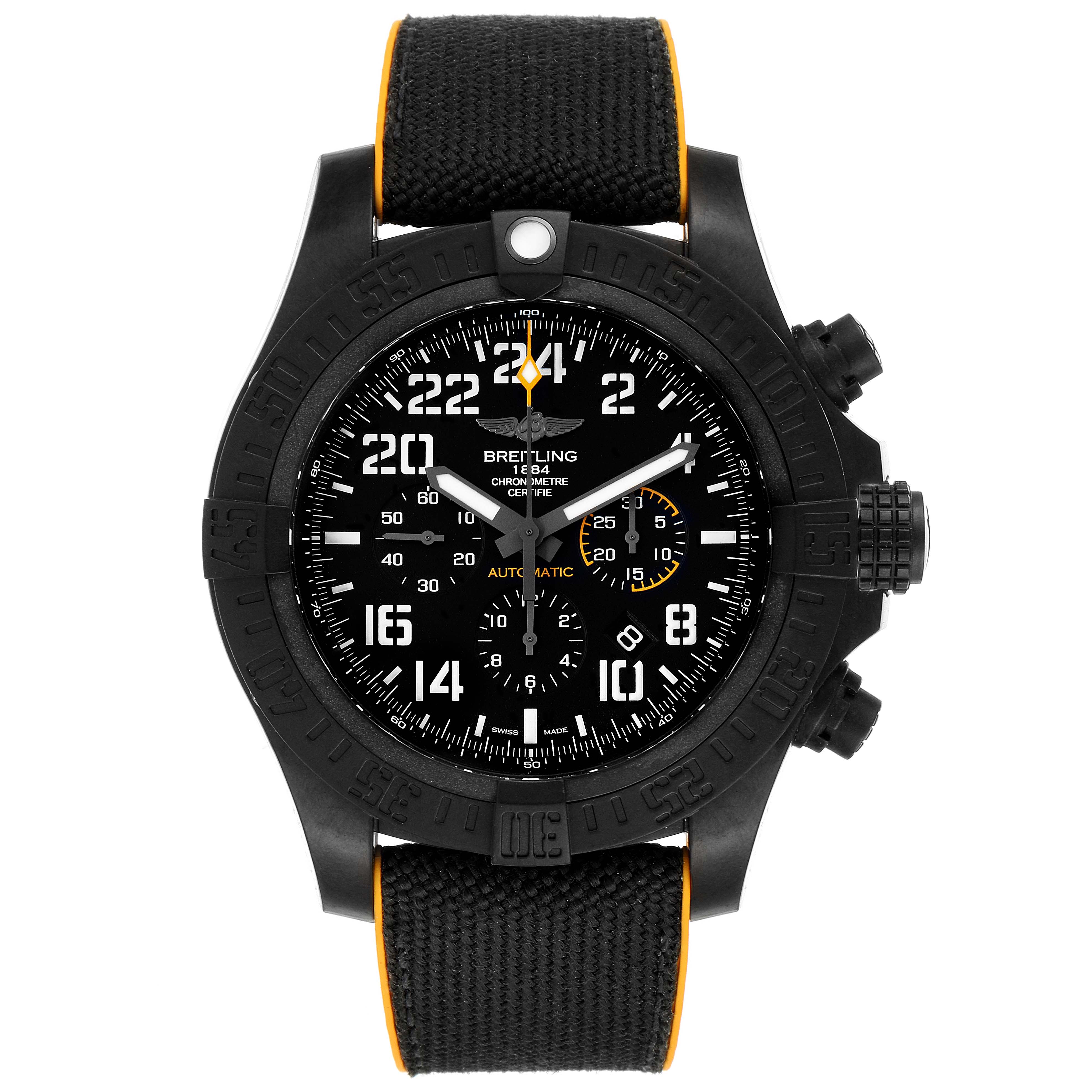 The image shows a front view of a Breitling Avenger XB12101A/BF46-283S Men's Titanium Black Dial XB12101A/BF46-283S Men's Titanium Black Dial watch, highlighting its face, bezel, and strap.