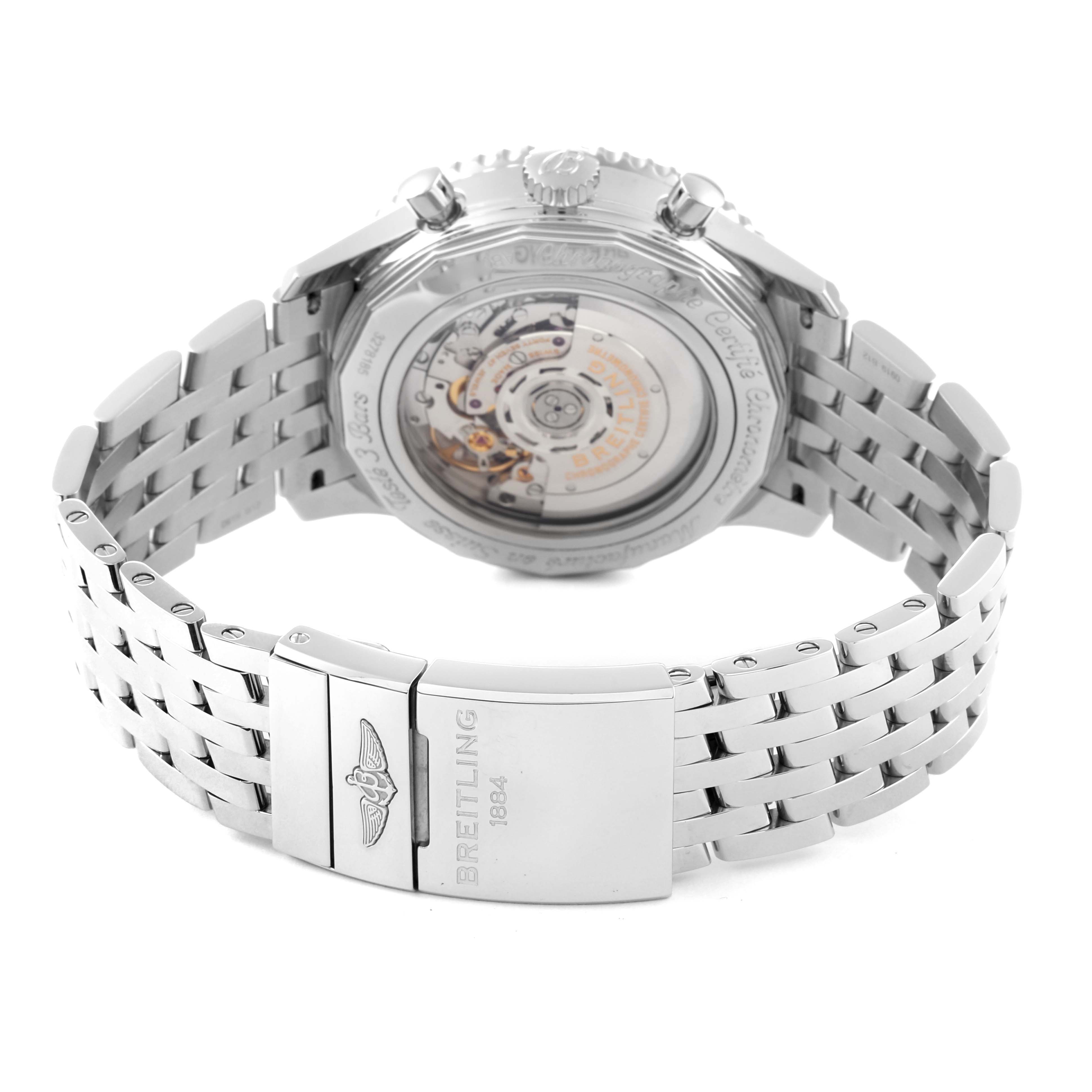 The image shows the back view of a Breitling Navitimer AB0127 Men's Stainless Steel Blue Dial AB0127 Men's Stainless Steel Blue Dial watch showcasing its mechanical movement and stainless steel bracelet.