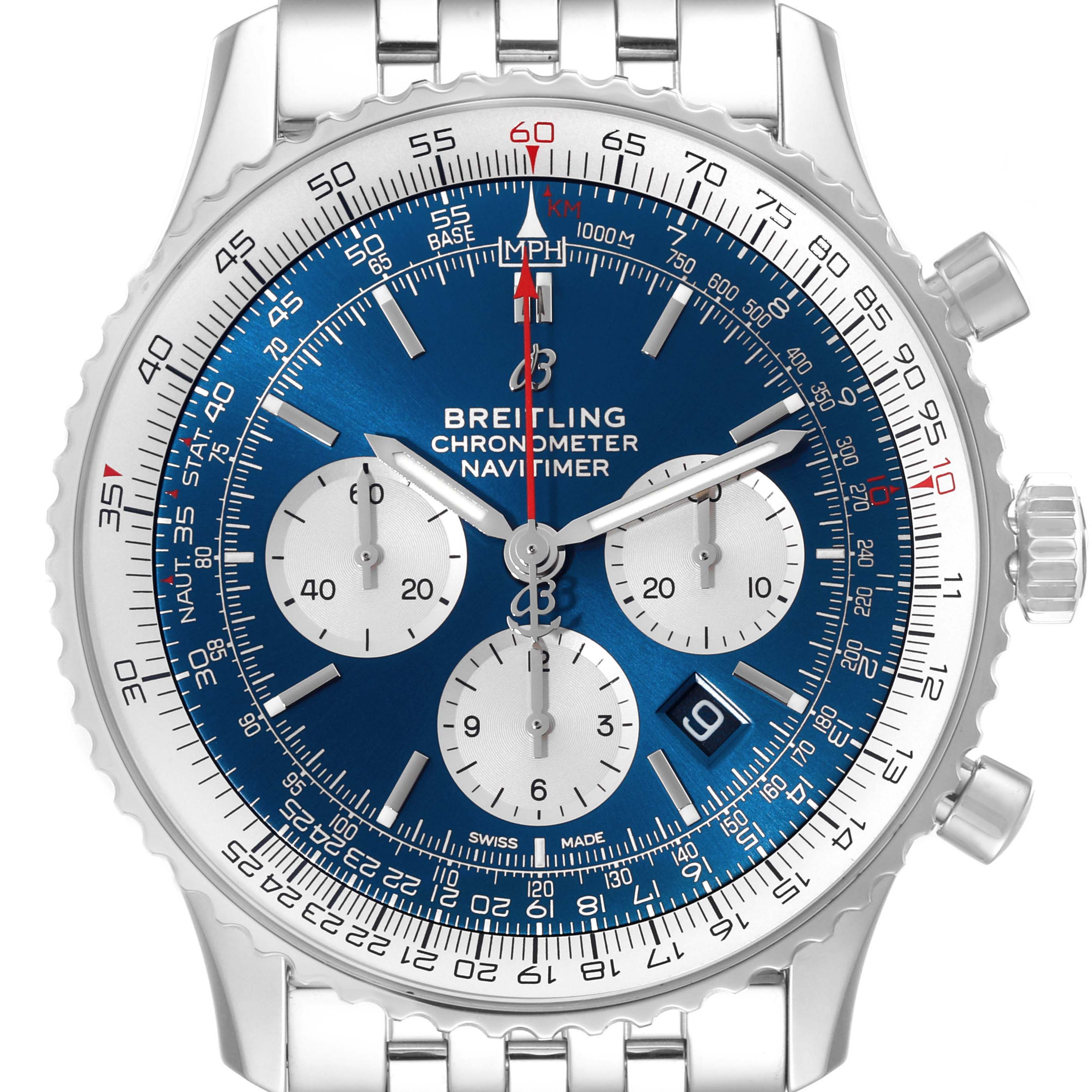 The Breitling Navitimer AB0127 Men's Stainless Steel Blue Dial AB0127 Men's Stainless Steel Blue Dial watch is shown from a front angle, highlighting the dial, subdials, bezel, and part of the bracelet.