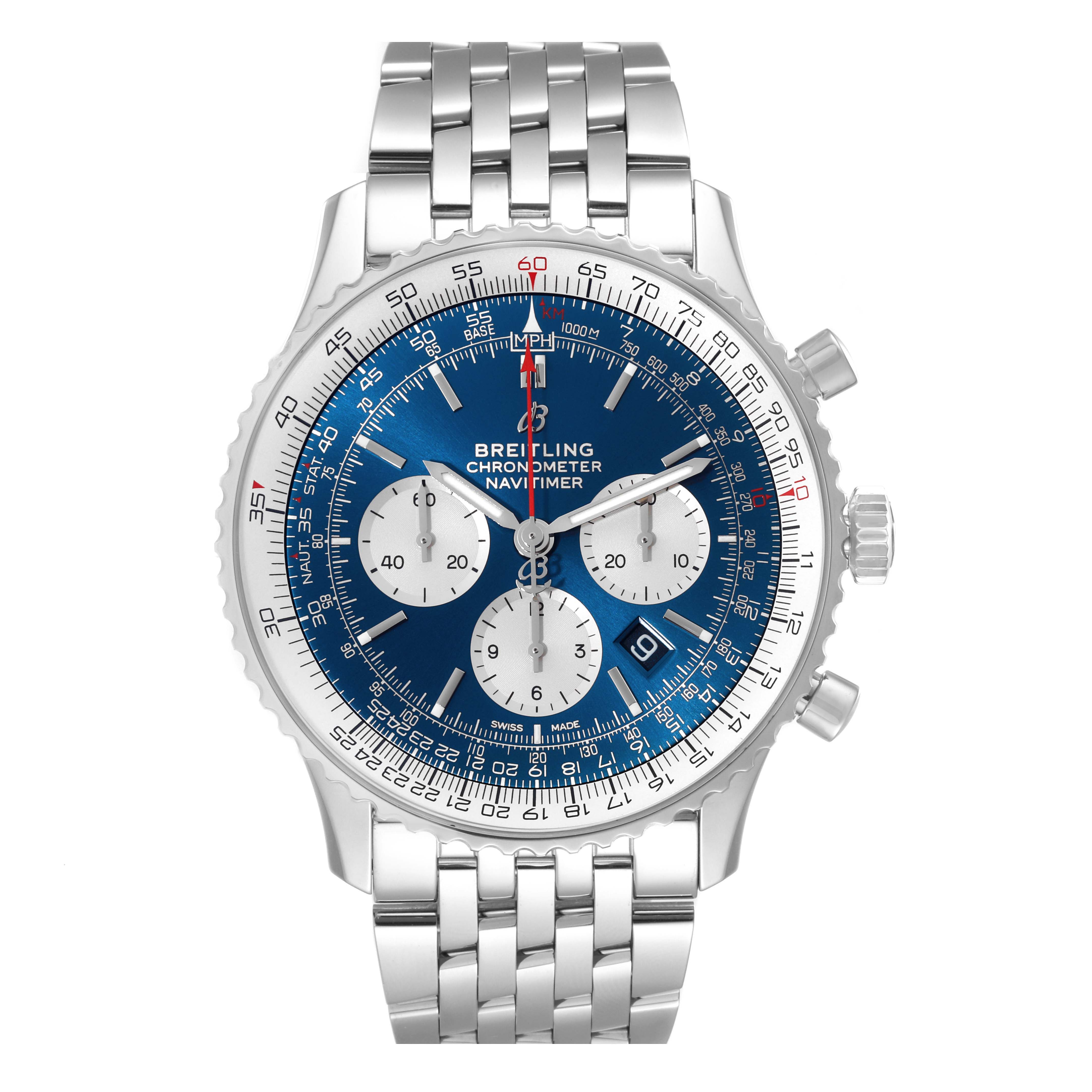 The image shows a front view of a Breitling Navitimer AB0127 Men's Stainless Steel Blue Dial AB0127 Men's Stainless Steel Blue Dial watch, highlighting the face, chronographs, and metal bracelet.