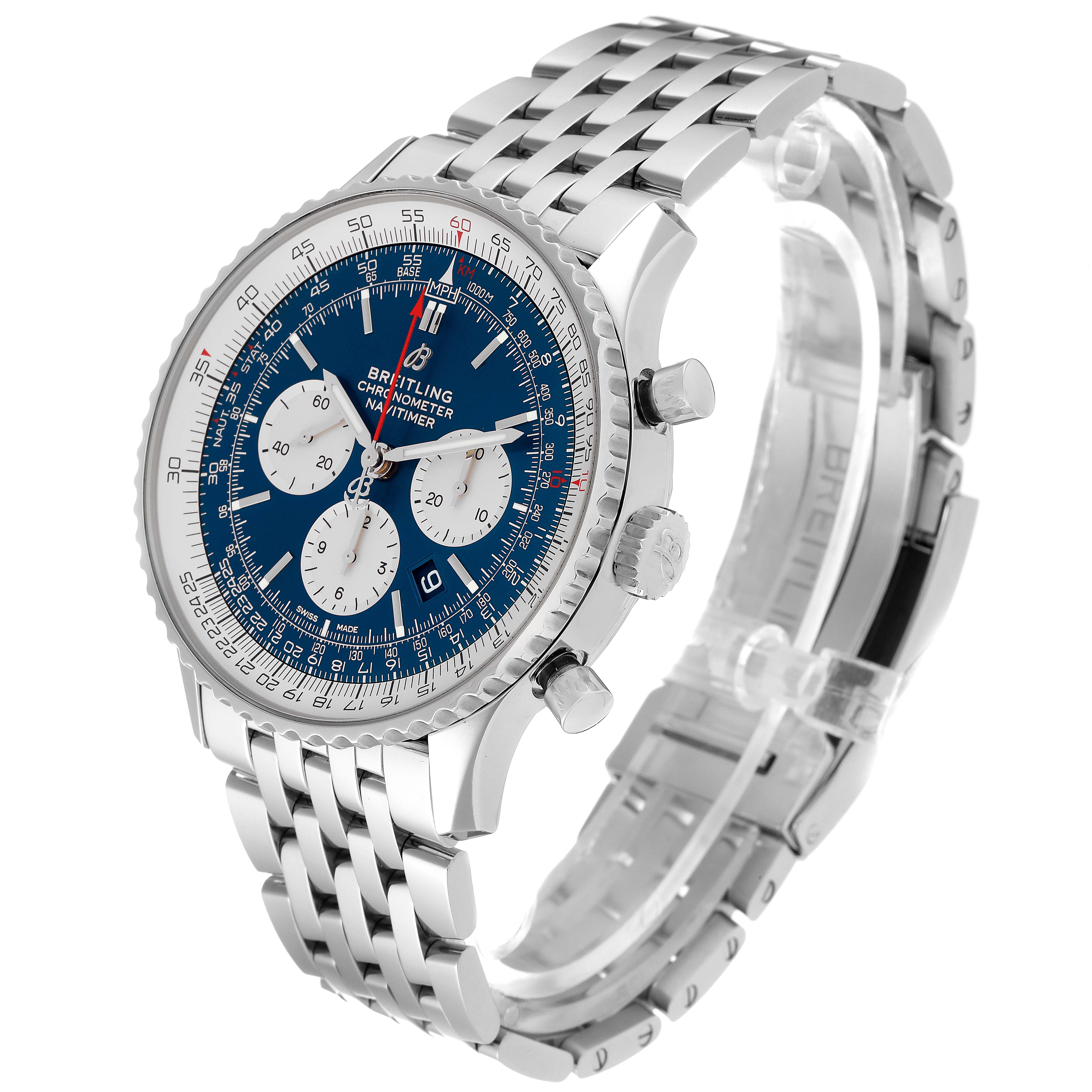 The image shows a side angle of the Breitling Navitimer AB0127 Men's Stainless Steel Blue Dial AB0127 Men's Stainless Steel Blue Dial watch, featuring its blue dial, chronograph subdials, and metal bracelet.