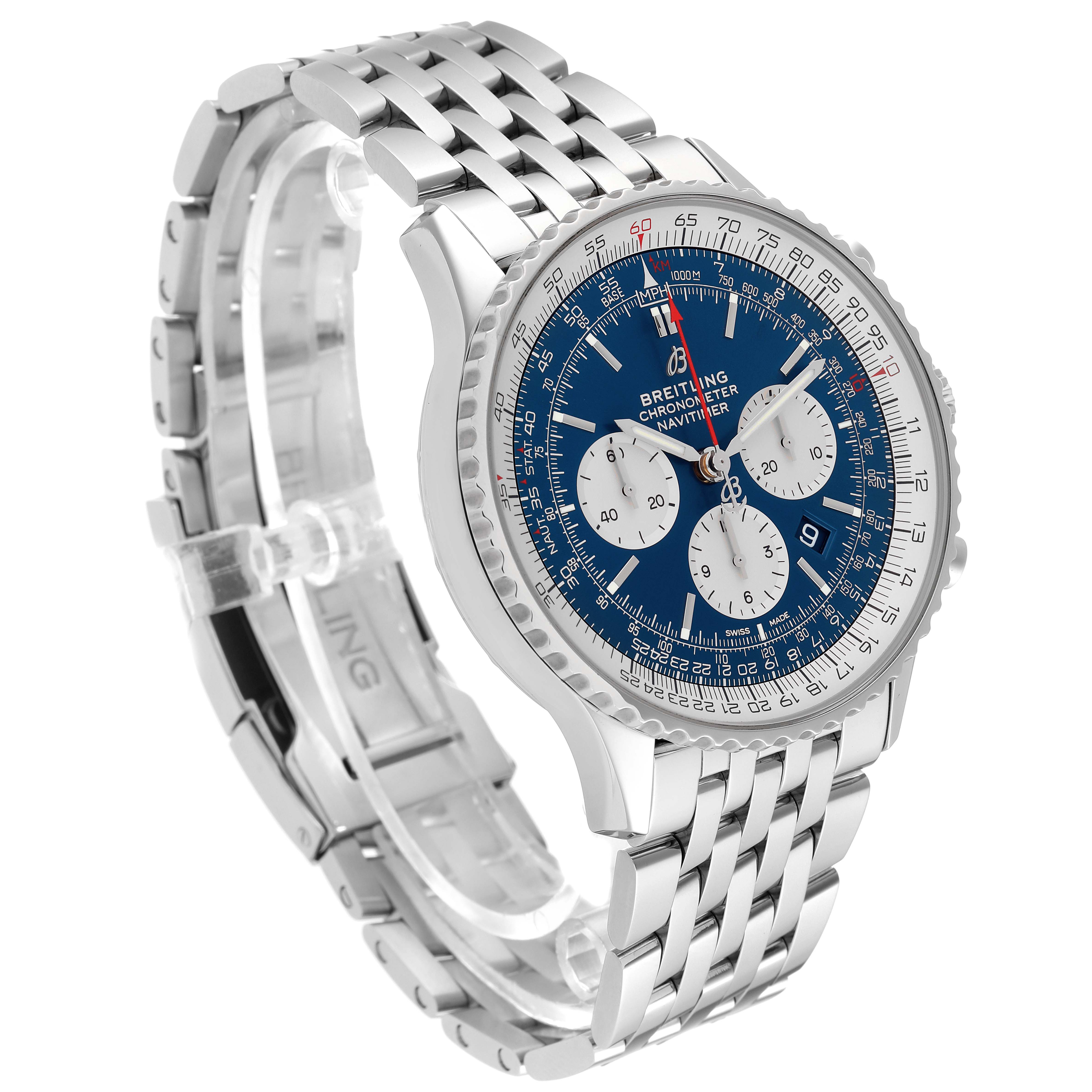 The image shows a Breitling Navitimer AB0127 Men's Stainless Steel Blue Dial AB0127 Men's Stainless Steel Blue Dial watch at a side angle, highlighting its face, bezel, and metal bracelet.