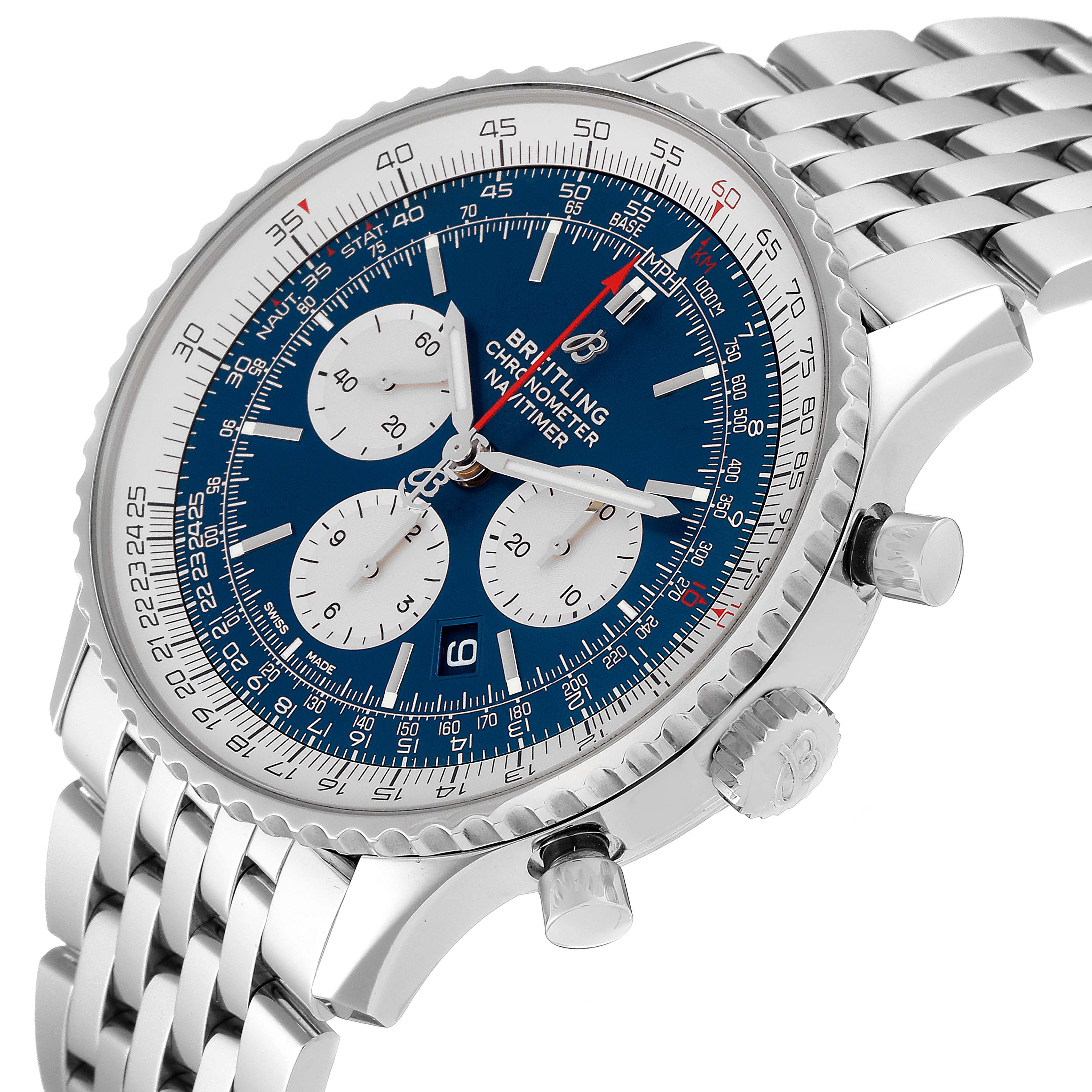 The Breitling Navitimer AB0127 Men's Stainless Steel Blue Dial AB0127 Men's Stainless Steel Blue Dial watch is shown at a slight angle, highlighting its face, crown, pushers, and a portion of the metal bracelet.