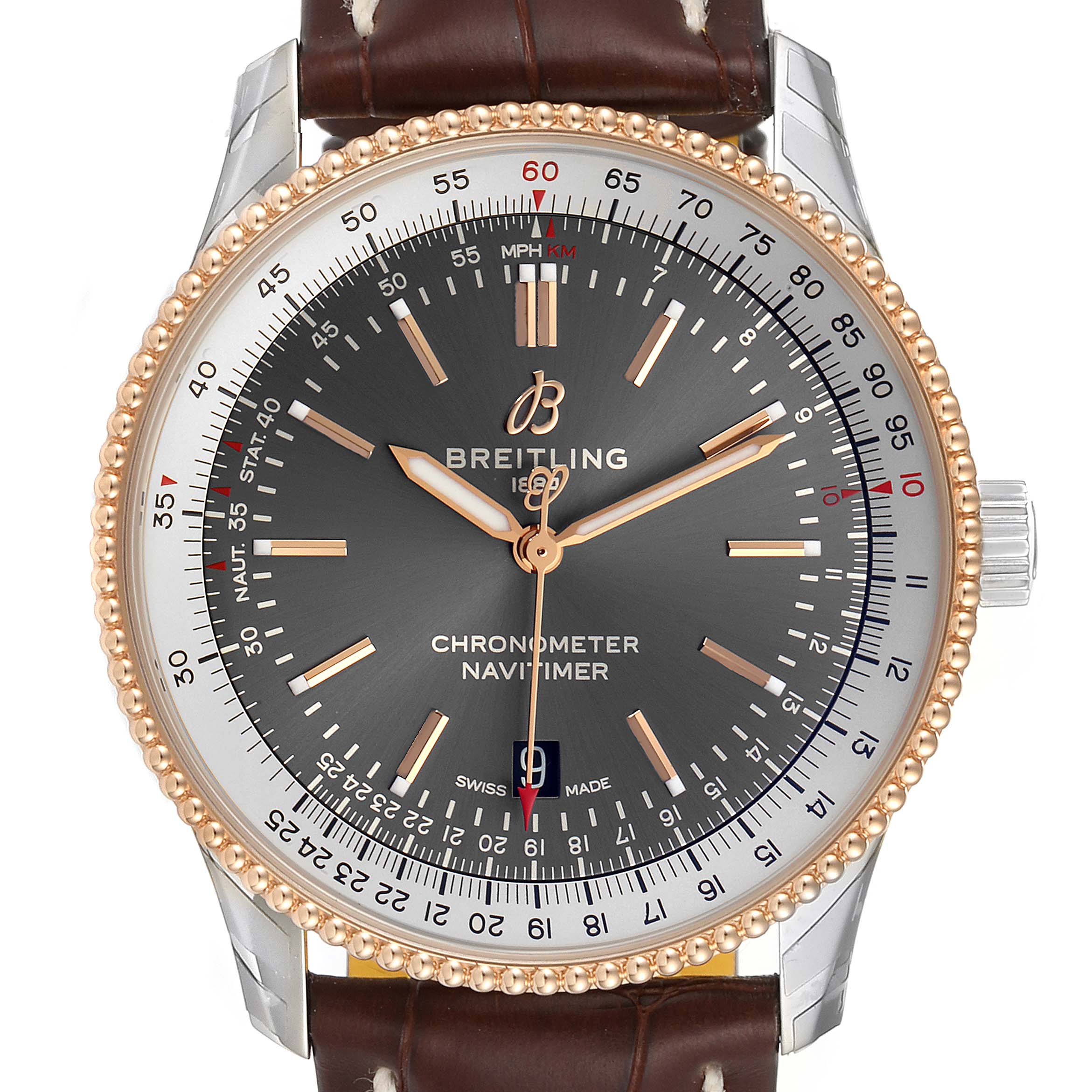 The image shows a front view of a Breitling Navitimer U17326 Men's Steel and Gold (two tone) Grey Dial U17326 Men's Steel and Gold (two tone) Grey Dial watch with a brown leather strap and a gold-toned and silver bezel.