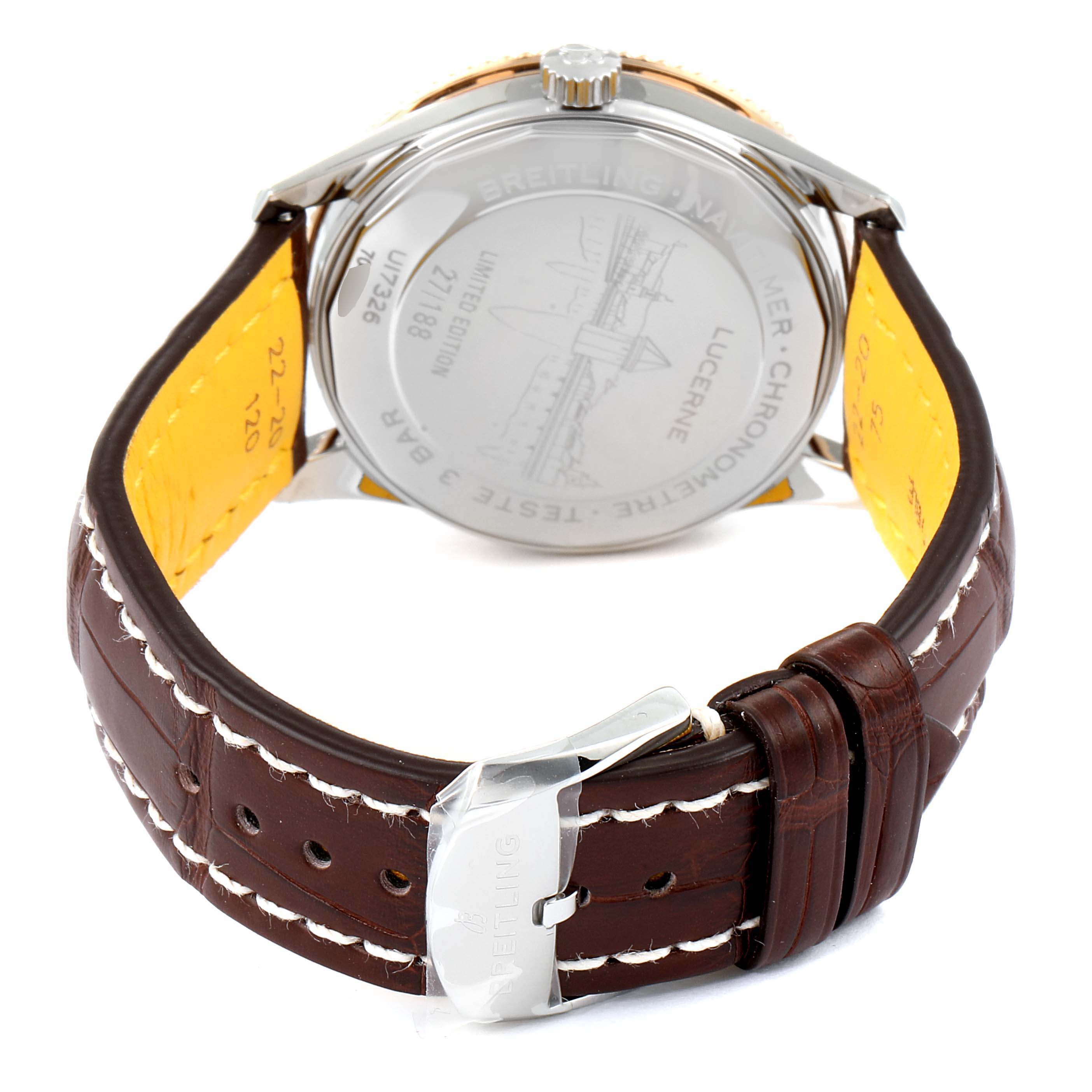 The image shows the back and brown leather strap of a Breitling Navitimer U17326 Men's Steel and Gold (two tone) Grey Dial U17326 Men's Steel and Gold (two tone) Grey Dial watch at a slightly tilted angle.