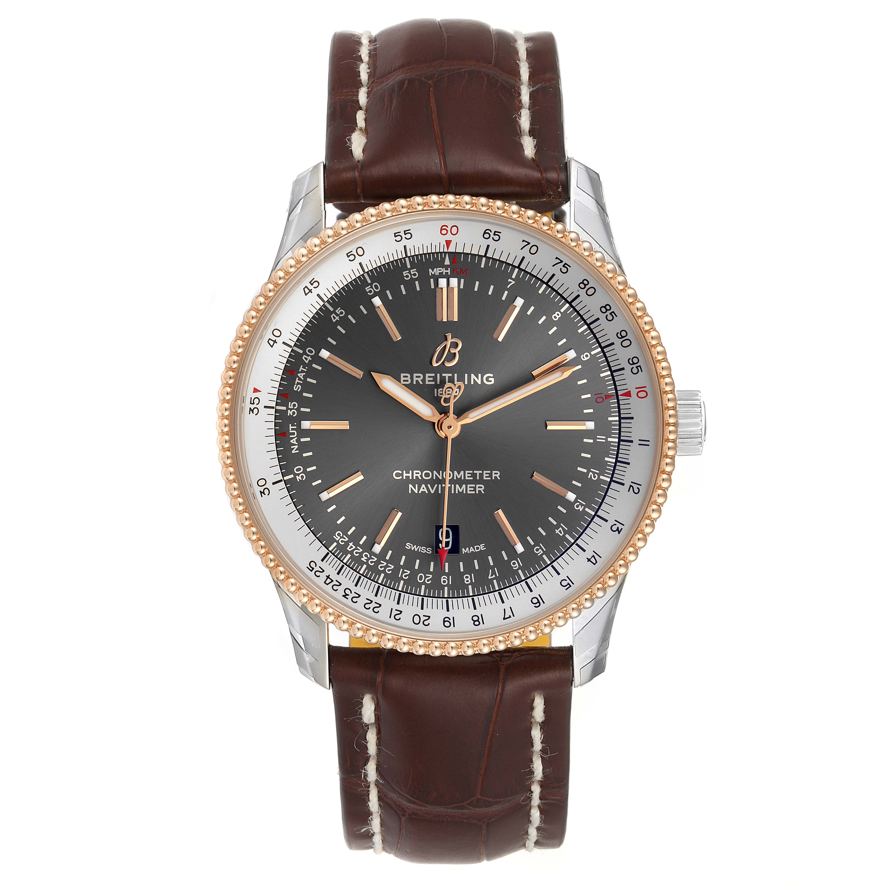 The image shows a front view of a Breitling Navitimer U17326 Men's Steel and Gold (two tone) Grey Dial U17326 Men's Steel and Gold (two tone) Grey Dial watch with a dark dial and a brown leather strap.